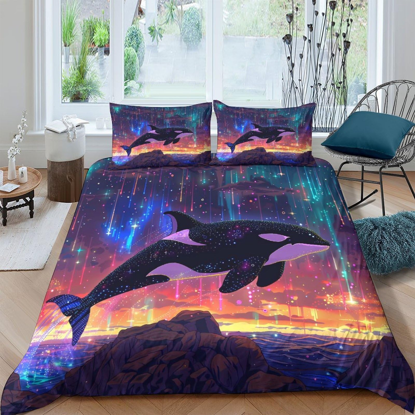 Ctjqhvkz Style-2 3D Printed Sunset Ocean Fitted Sheet Microfiber Soft Breathable Orca Whale Mattress Cover Bedroom Home Decor Single（135X200cm）