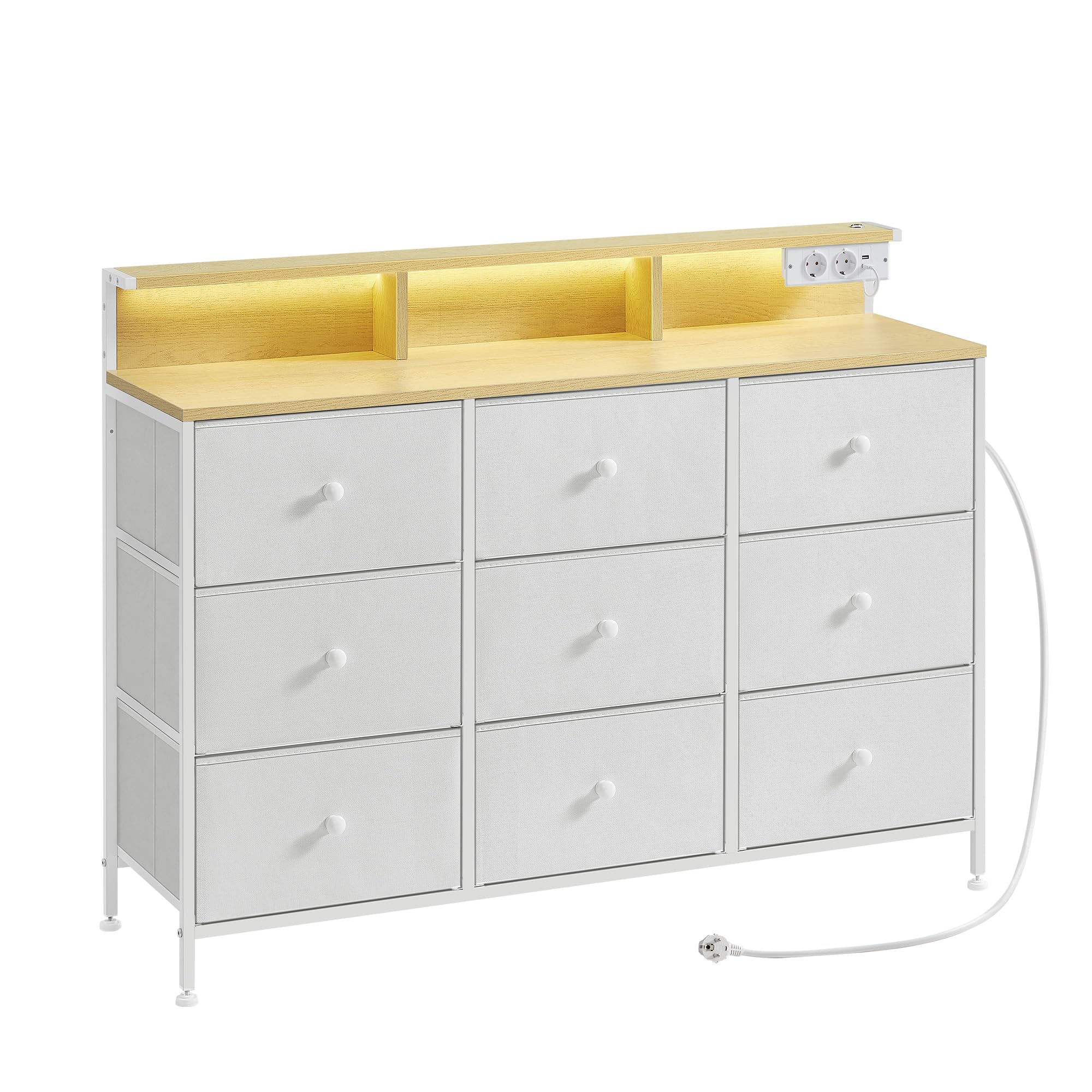 SONGMICS Komoda, szafka do przechowywania z 9 szufladami i oświetleniem LED, listwa zasilająca, stalowa rama, 33,5 x 114 x 84 cm, do sypialni, salonu, biała chmurka LTS519W02