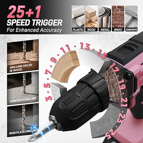 Miniatura 3 de COMOWARE Juego de taladro inalámbrico, taladro eléctrico de 20 V, juego de taladro rosa para mujer, 1 batería y cargador, portabrocas sin llave de