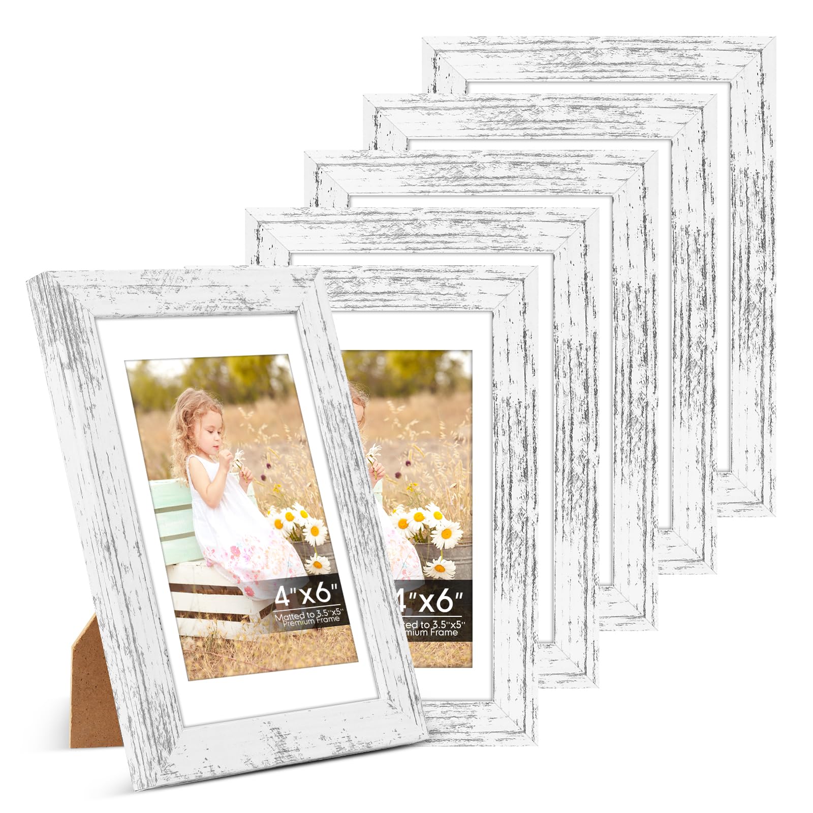 4x6 Picture Frames 6 Pack , Mat for 3.5x5 Photos, Shatter HD Plexiglass | Removable mat fits two photo sizes, slim frame with stand for horizontal &amp; vertical tabletop &amp; wall mount