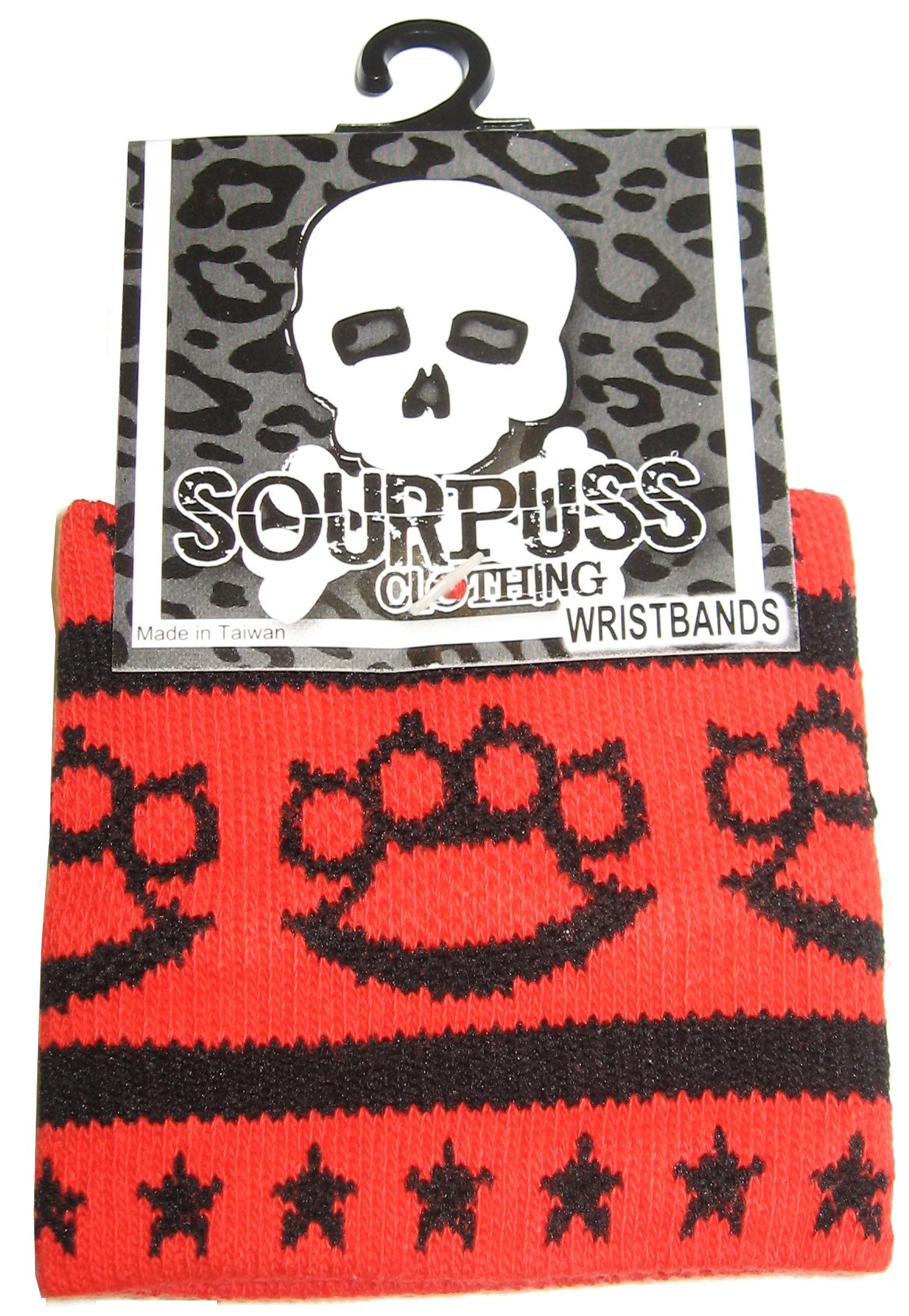 Knit Black Brass Knuckles & Stars on Red Wristbands from Sourpuss Clothing (Set of 2)