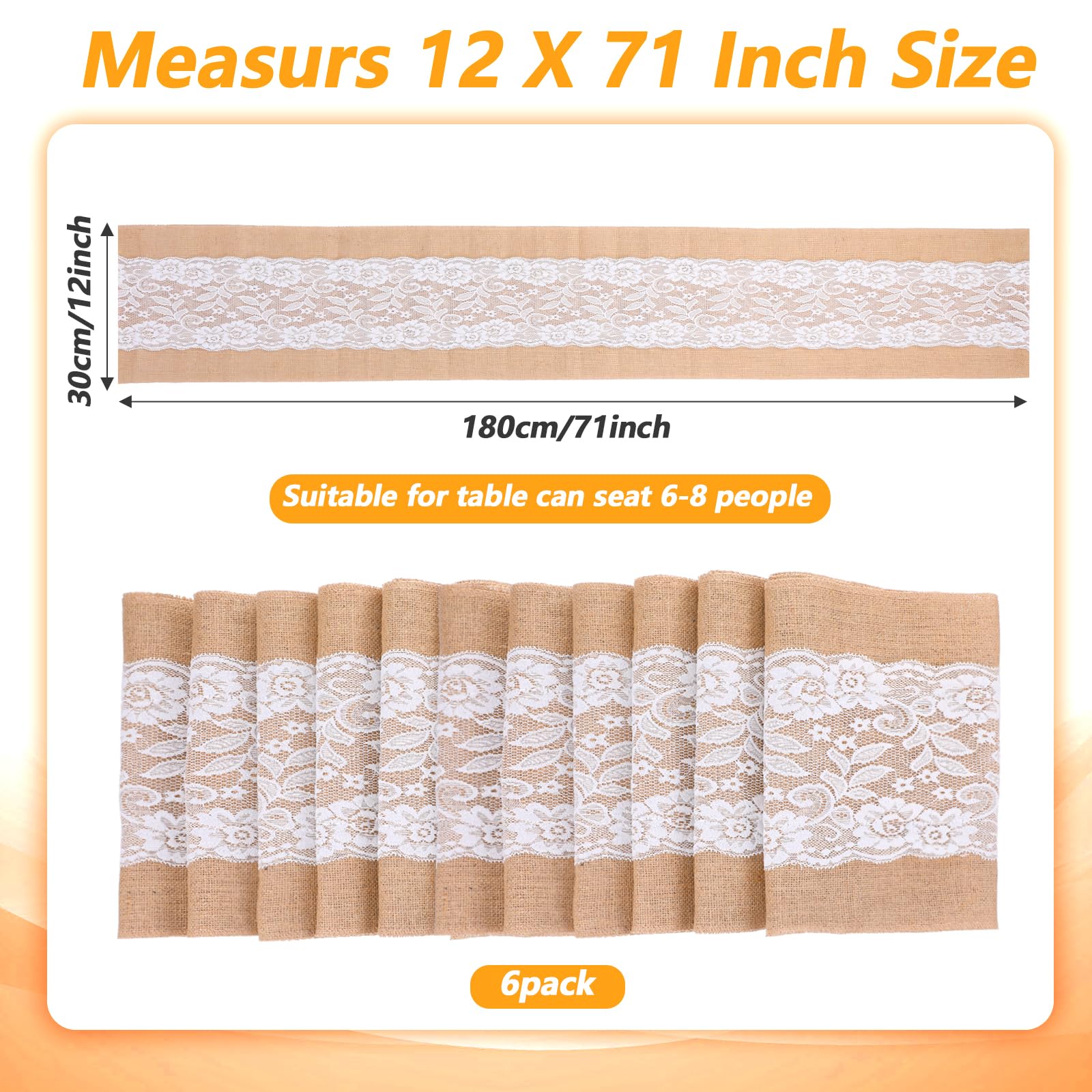Lot de 6 chemins de table rustiques en toile de jute naturelle pour table de style rustique et rustique pour fête d'anniversaire, Thanksgiving, mariage, Noël, décoration de tables de cuisine, 30,5 x
