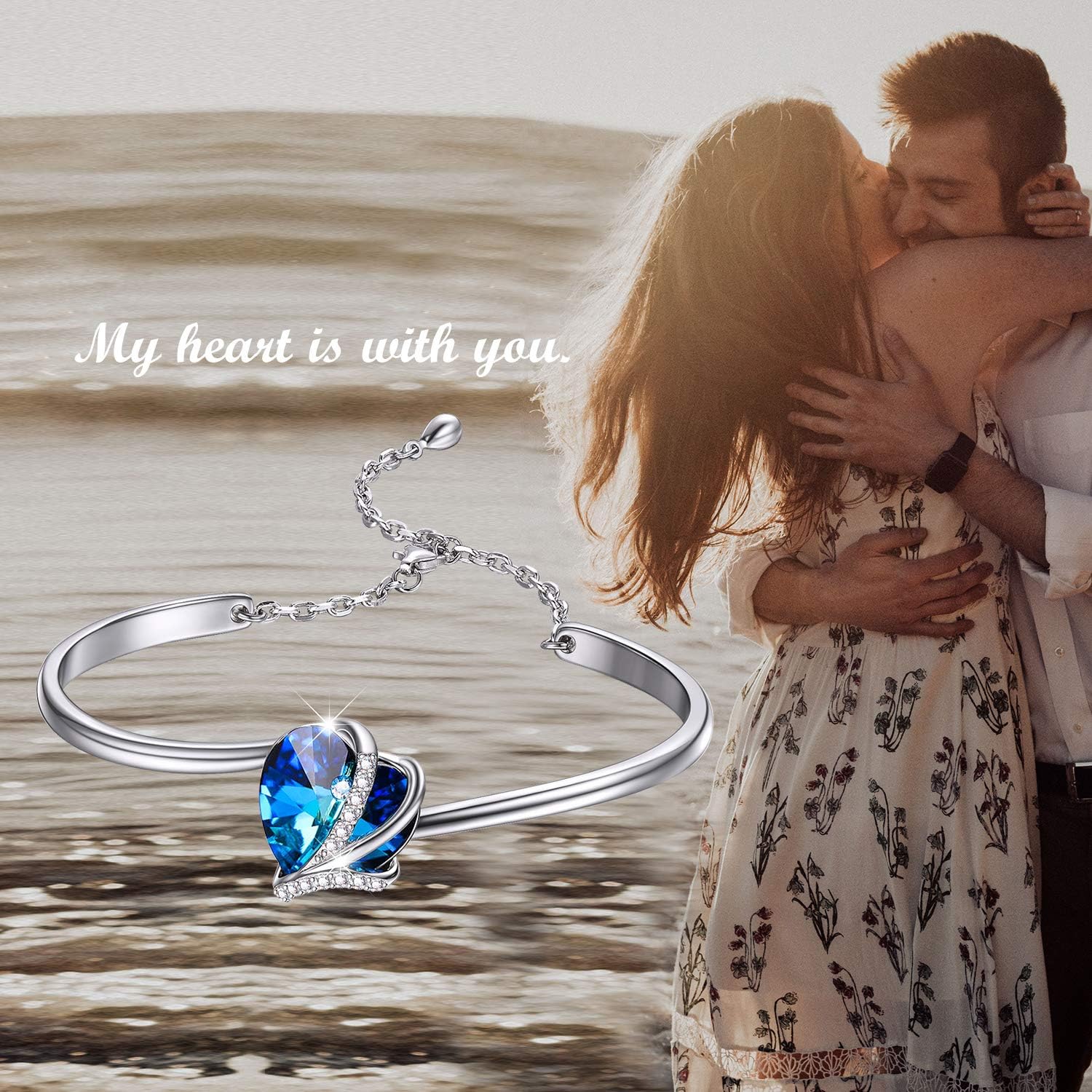 AOBOCO I Love You Jewelry - Sterling Silver Blue Purple Love Heart Bangle Bracelet Embellished with Crystals from Austria, Fine Anniversary Birthday Jewelry Gifts for Women - Image 5