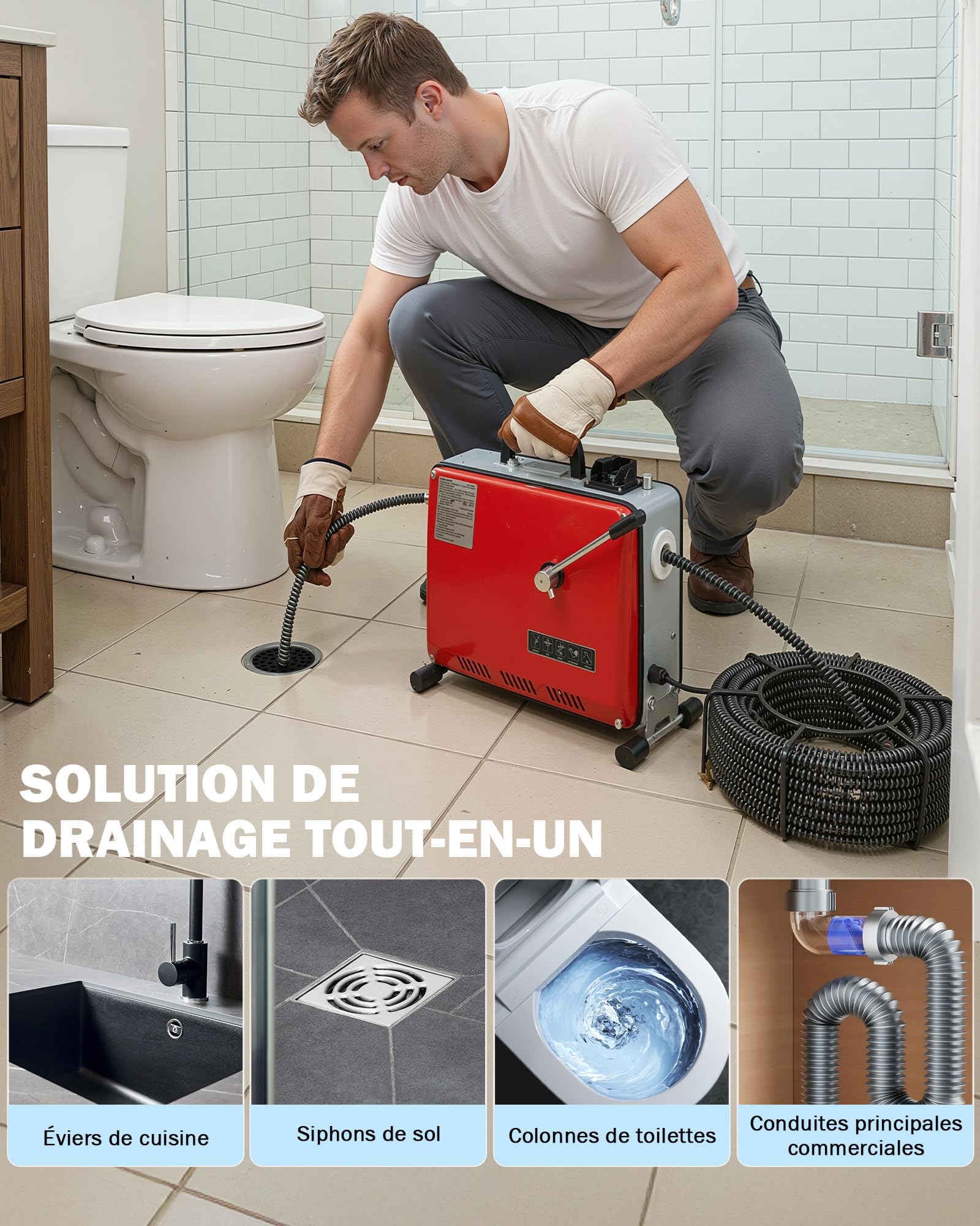 ZELCAN Machine de Nettoyage de Canalisations 400W – Déboucheur Électrique GQ-100 avec Serpentin de 20 m, 6 Têtes de Coupe et Moteur 400 tr/min pour Tuyaux Ø 32 à 100 mm