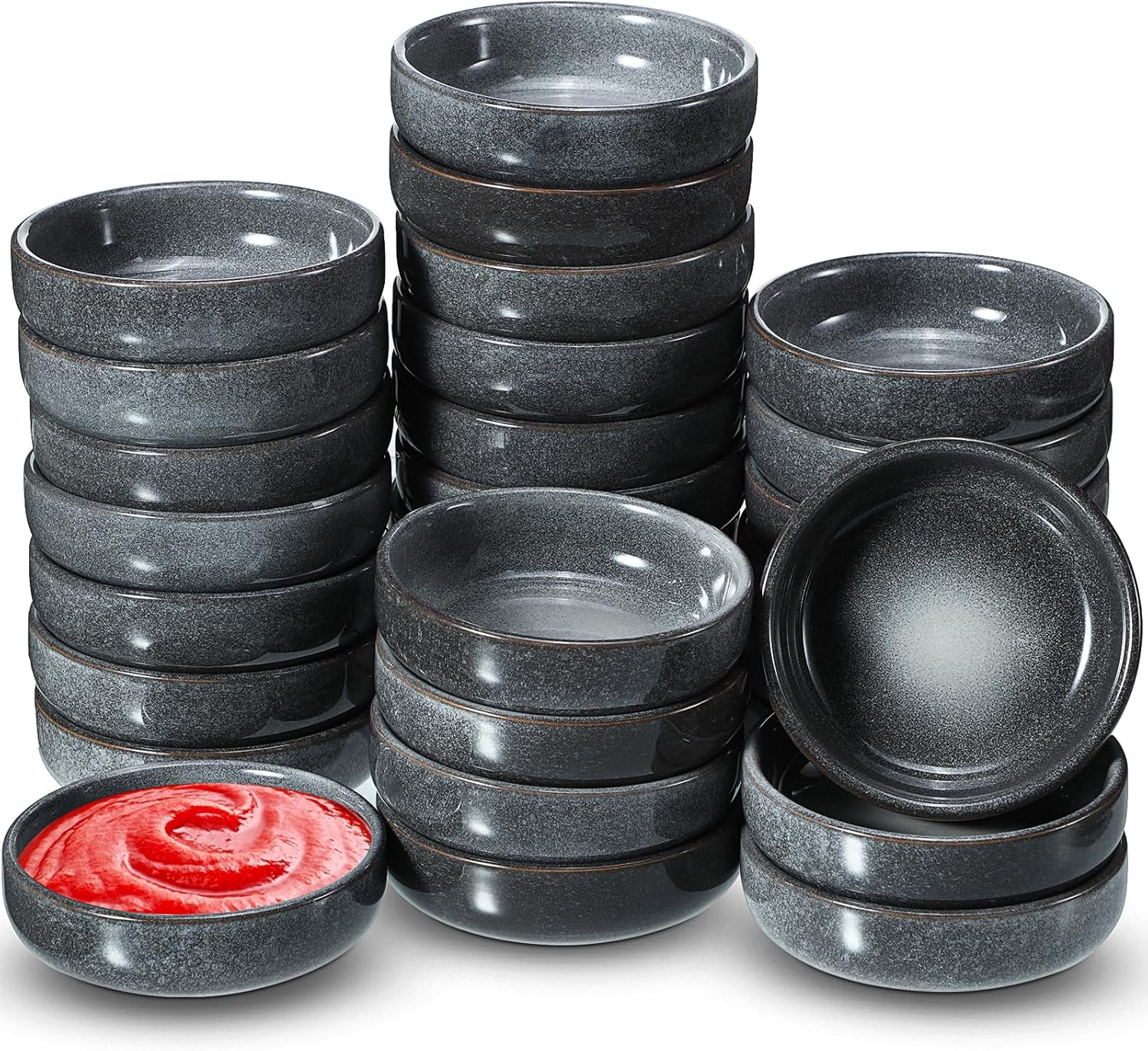 Roshtia 30 Pieces Ceramic Soy Sauce Dish 3.5 Inch Porcelain Dipping Bowls 3oz Multipurpose Small Bowl Mini Serving Dinnerware for Pinch Seasoning Appetizer Soy Sushi(Matte Black)