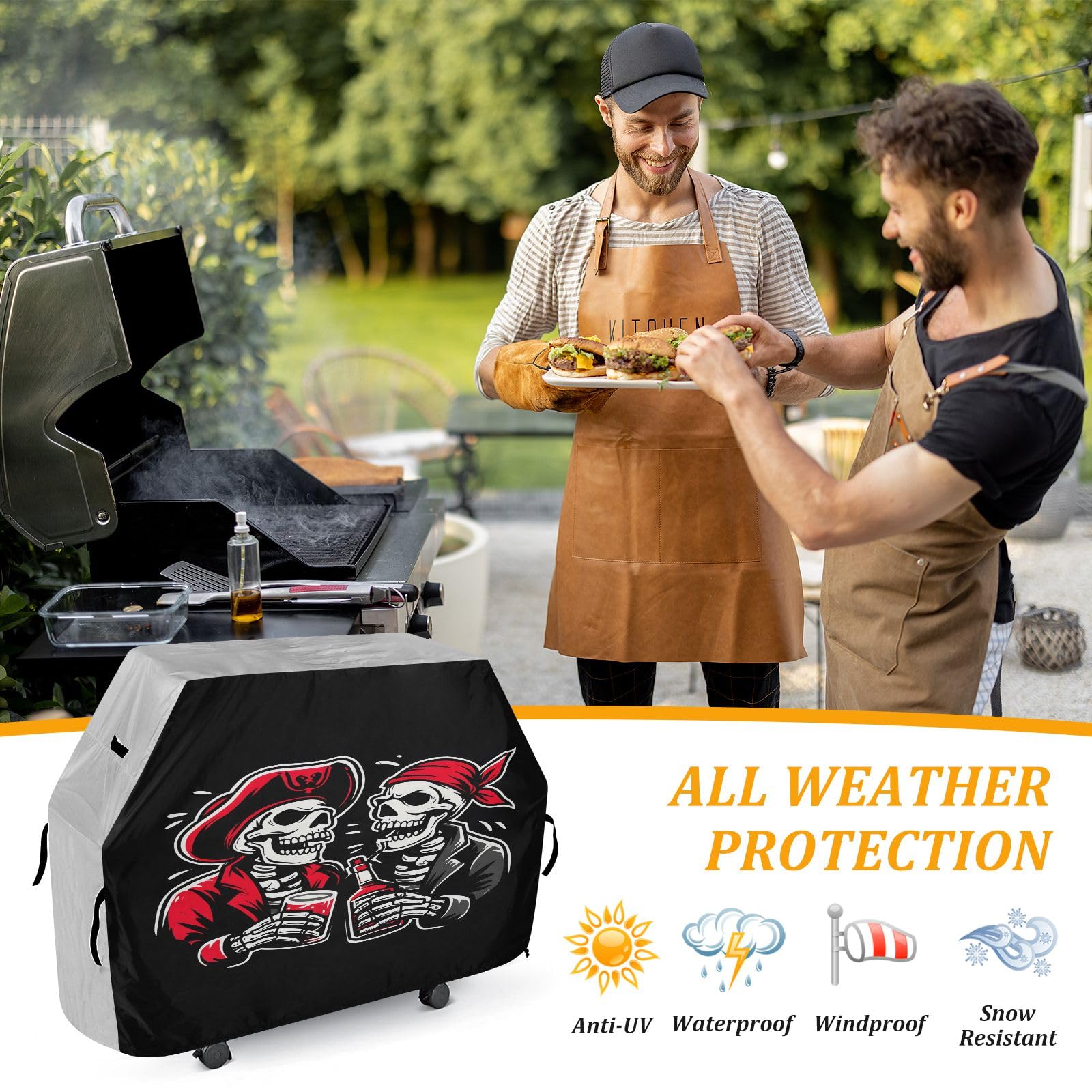 Copertura per barbecue di alta qualità, impermeabile, resistente allo sbiadimento, resistente, adatta per griglie fino a 63 cm, motivo: teschio pirata