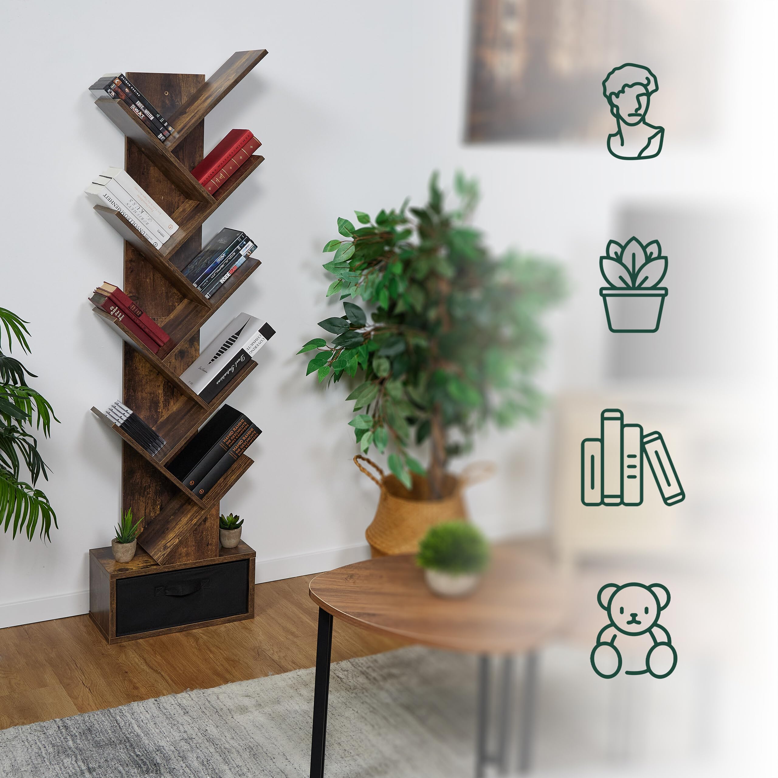 Relaxdays Scaffale Libreria, Mobile Stretto da Terra con 9 Ripiani ad Albero per Libri, CD e Dvd, 146x38x22 cm, Marrone