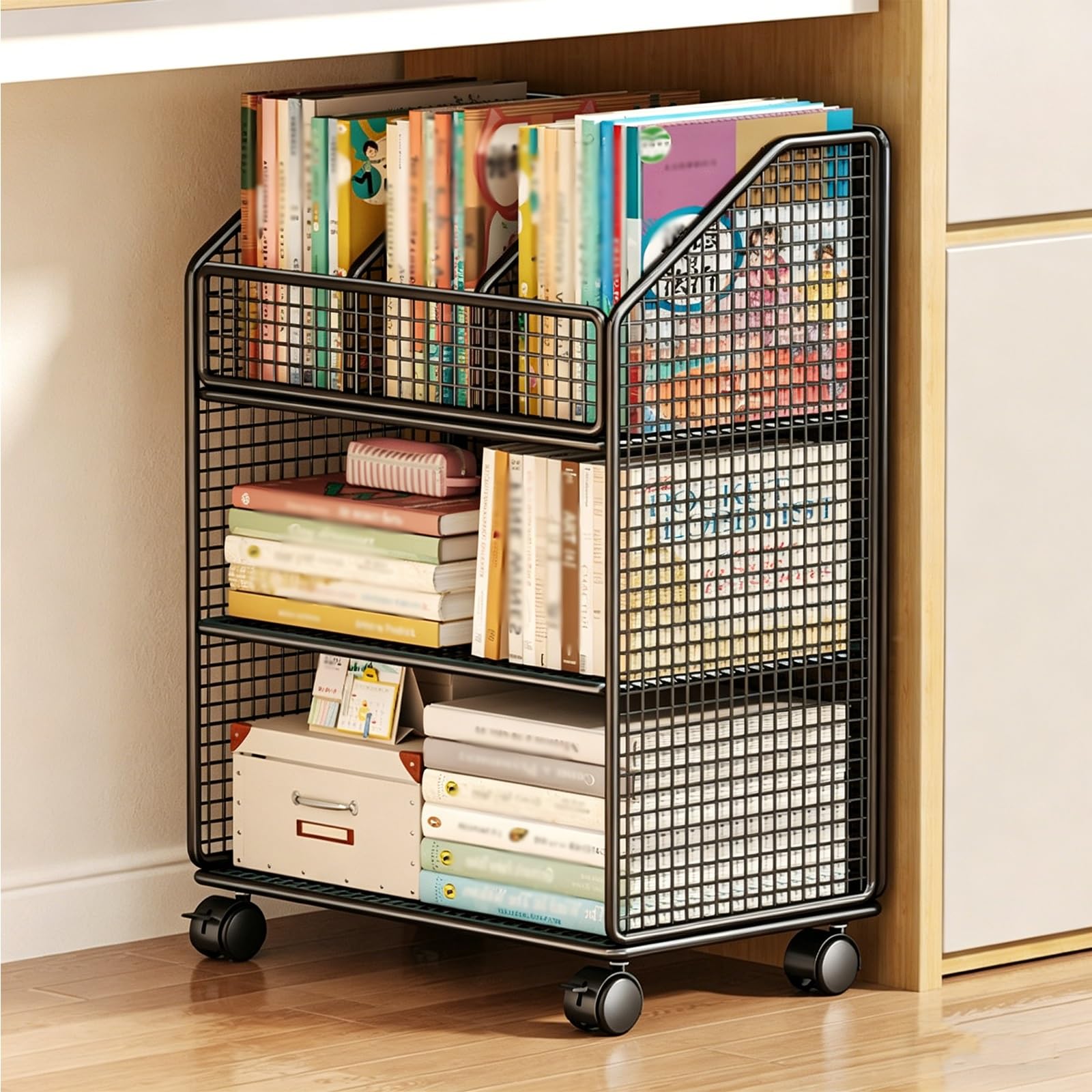 3 Tier Rolling Book Cart, Metal Movable Bookshelf Organizer Rack with Wheels, Raised Guardrail Design, Multi-Functional Miscellaneous Item Cabinet for Study Office Home(Black)