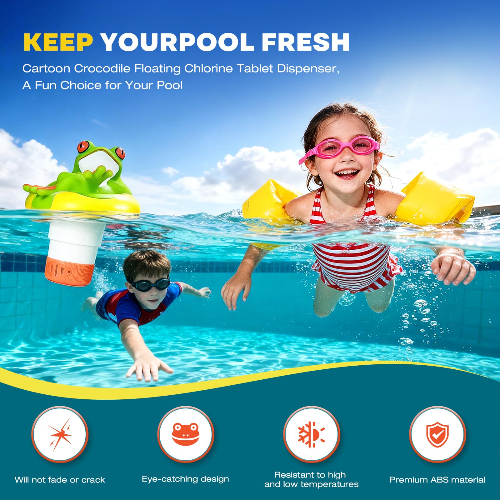 Frosch Pool Chlorschwimmer Verstellbarer schwimmender Chlorspender nur für 2,5 cm Tabletten, Faltbarer Pool-Chemikalienspender für Schwimmbäder, Spas, Whirlpools, heiße Quellen & Wasserparks