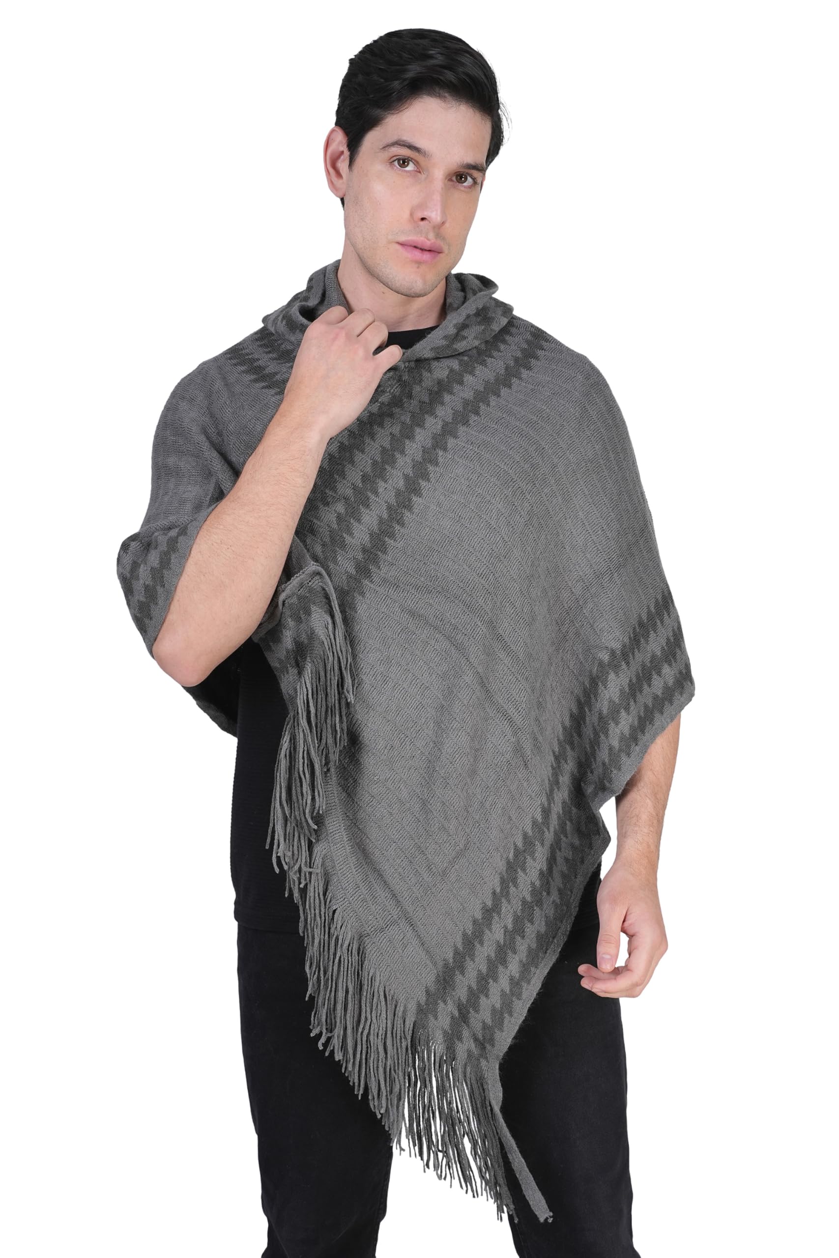 Men's Woolen Hooded Neck Solid Frill Poncho with Cap for Winter-image-19