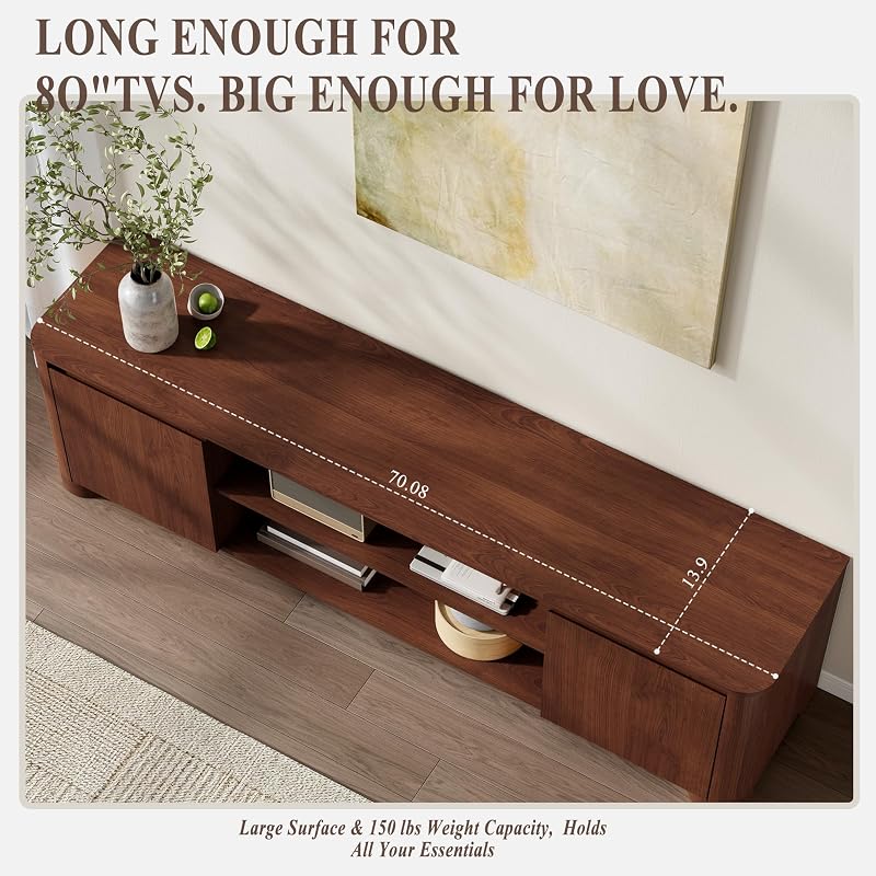 YANSNWO 70" TV Stand for TVs Up to 80" with Rounded Corners, Walnut image 4