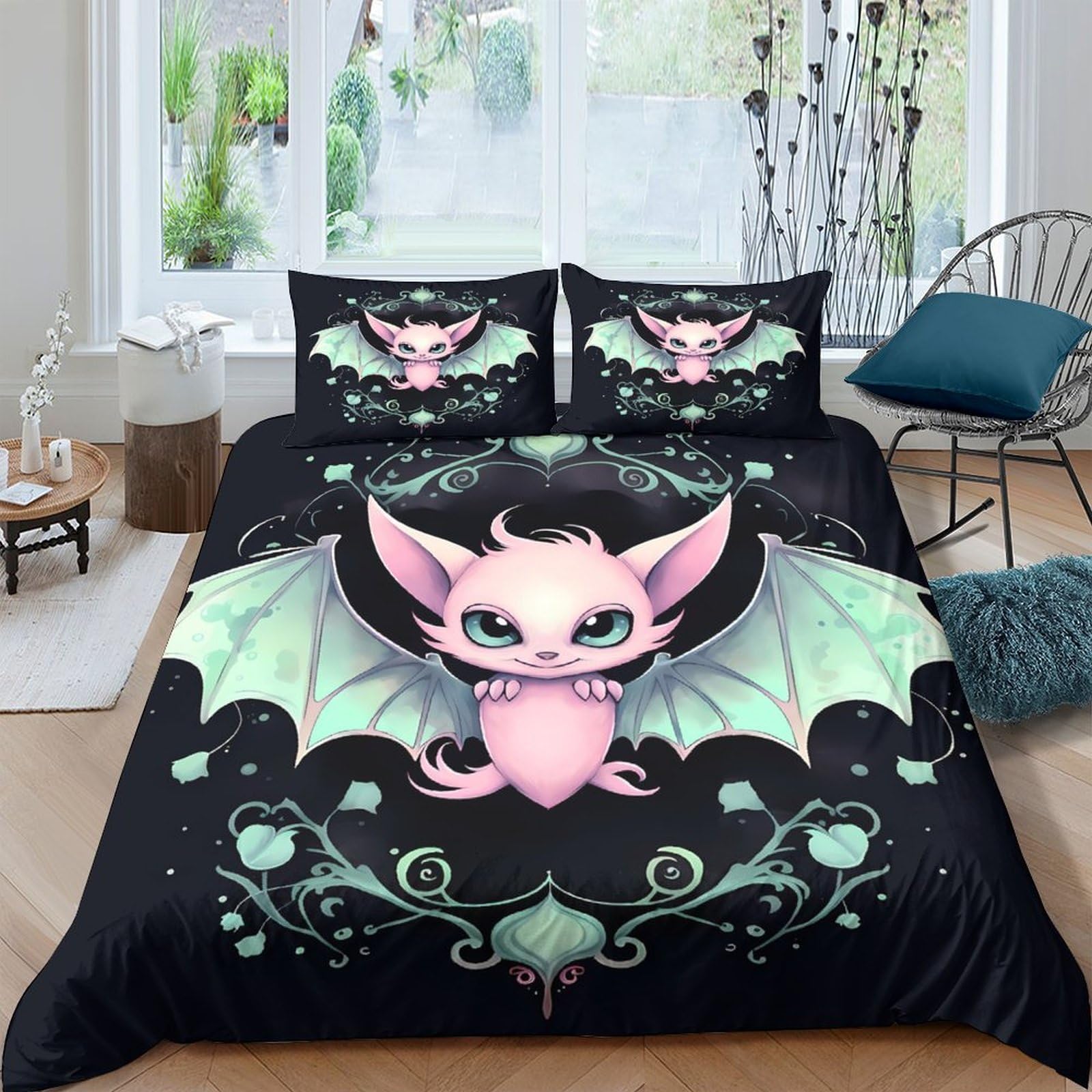 Ctjqhvkz Style-1 3D Printed Cute Bat Fitted Sheet Microfiber Soft Black Gothic Fantasy Bed Cover For Bedroom Dorm Mattress Decor Single（135X200cm）