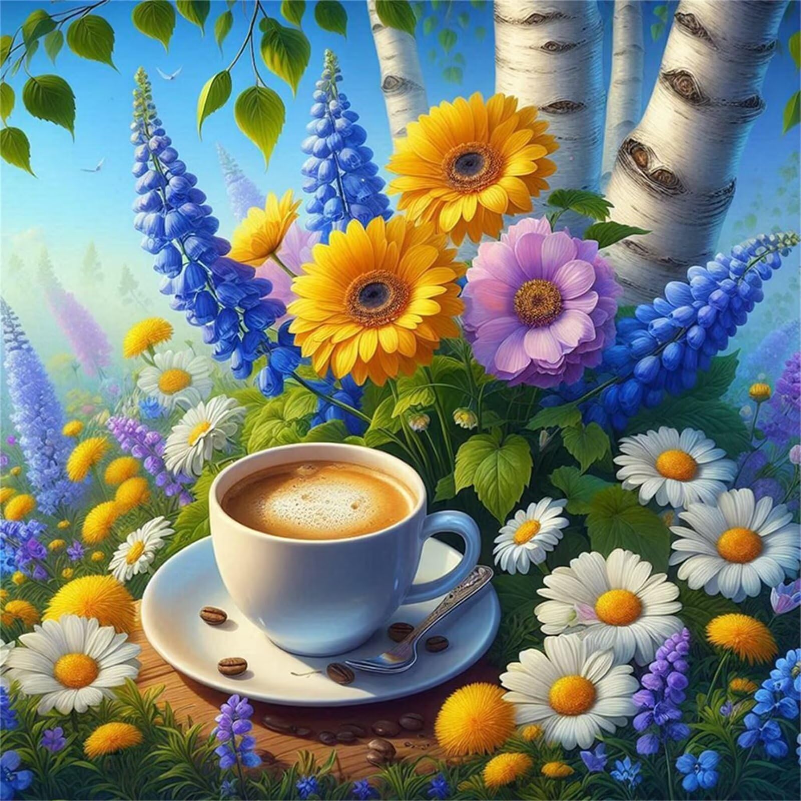 Lituor Fiori Caffè Diamond Painting Kit Completo,5D Quadrato Diamond Painting Fai-da-te Adulti Bambini Tempo libero Pittura Diamante Strass Ricamo a Punto Croce Painting per Casa Decorazioni 80x80cm