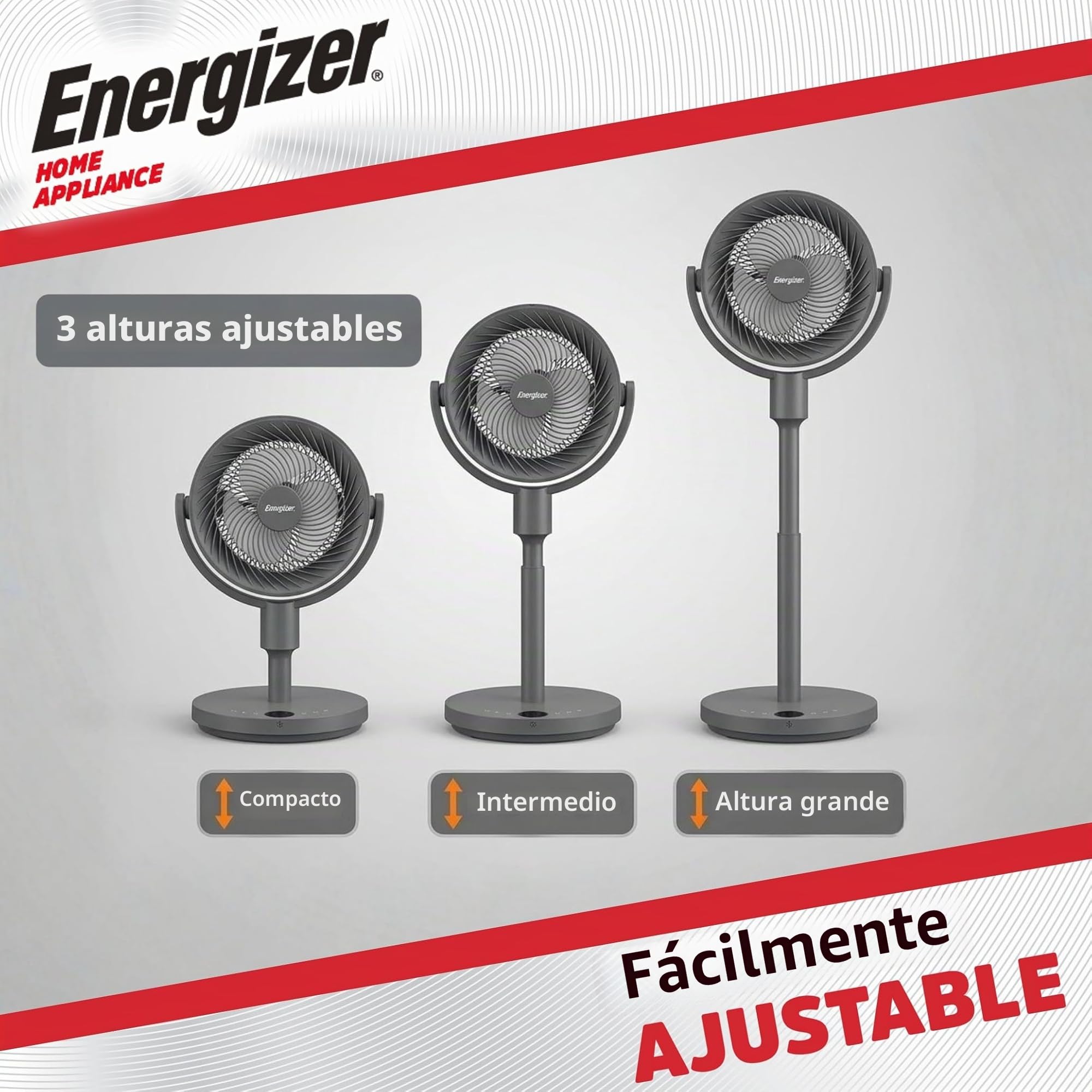 Energizer Ventilador de pie silencioso 35 dB, 1017 m³/h, 9 velocidades, oscilación 90°, portátil recargable 2400 mAh, altura 100 cm, cable USB incluido, para oficina y dormitorio, gris