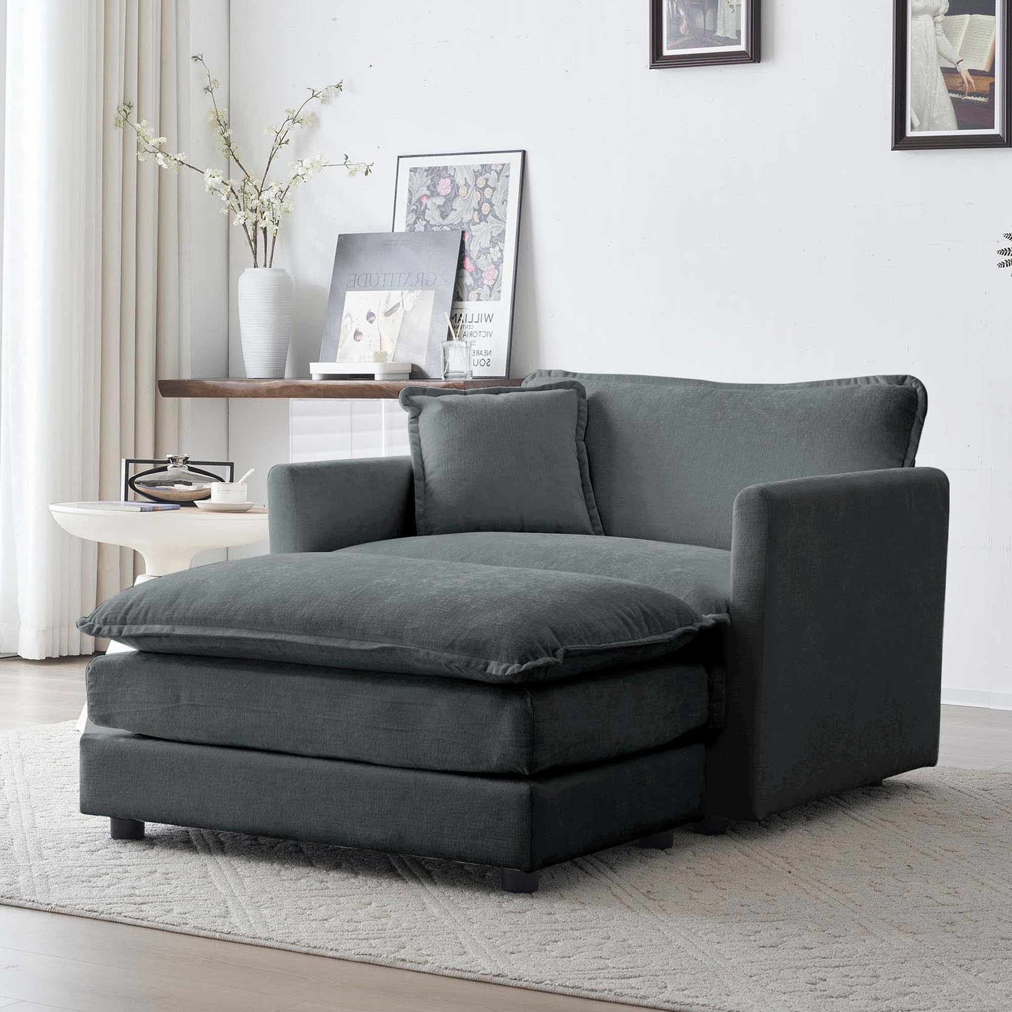 SEE DESCRIPTION Oversized Accent Chair with Movable Ottoman, Comfy Chenille Upholstered Armchair Cozy Reading Lounger Chair w/Footrest Convertible Chaise Daybed w/Double Layers Seat Cushions for Living Room Office