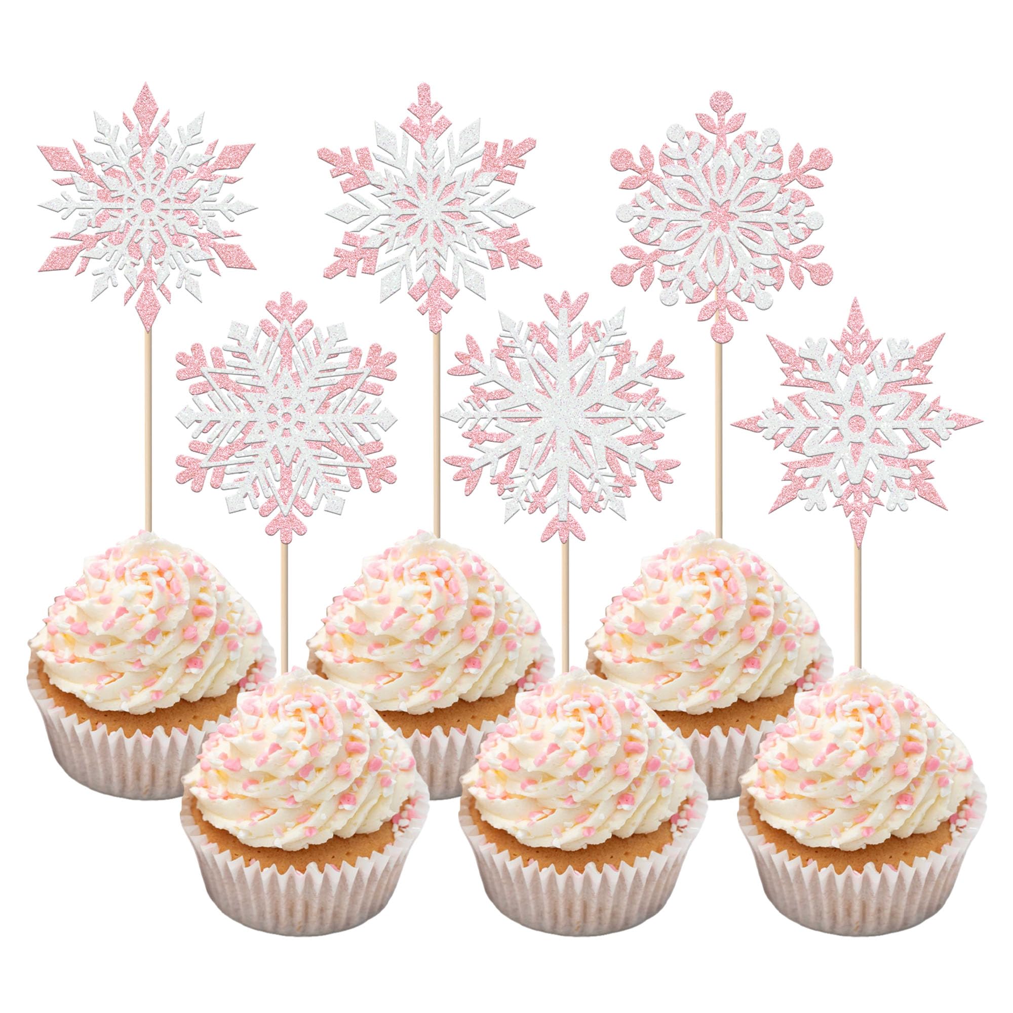 24 Stück Schneeflocke Cupcake Topper Glitzer Winter Schneeflocken Tortendeko Winter Eis Schnee Themed Kuchen Deko für Baby Dusche Geburtstag Party Kuchen Dekorationen Pink