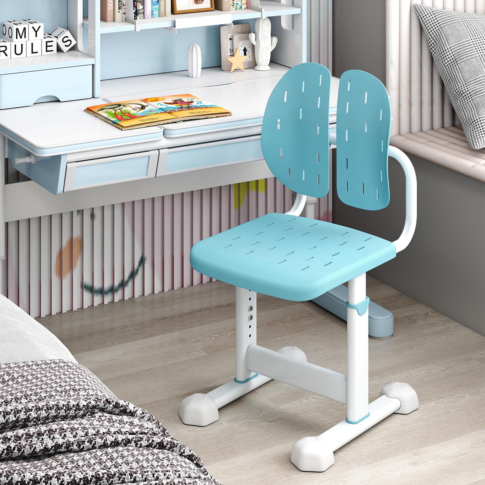 GOPLUS Chaise Bureau Enfant, Chaise d'Étude avec Dossier Double Adaptatif, Hauteur Réglable, Siège Respirant, Patins Réglables, pour Filles et Garçons de 3+ Ans (Bleu)