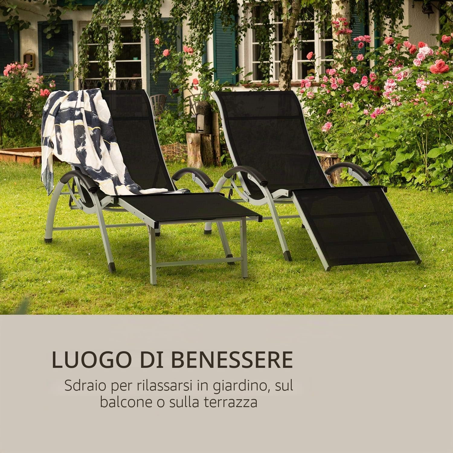 blumfeldt Sunnyvale - Sedia a Sdraio da Giardino, Lounger, Schienale con 4 Regolazioni, Poggiapiedi Pieghevole, Superficie: 174 x 51 cm, Materiale Idrorepellente, PVC/Poliestere, Nero