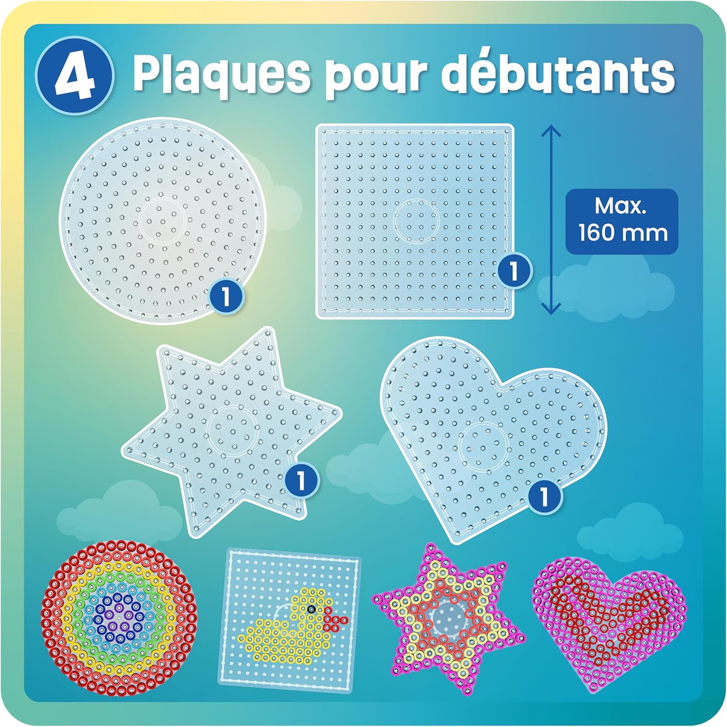 Four transparent Smowo pegboards in round, square, star, and heart shapes, with finished fuse bead designs below them. The image also shows the text '4 Beginner Boards' and 'Max. 160 mm'.