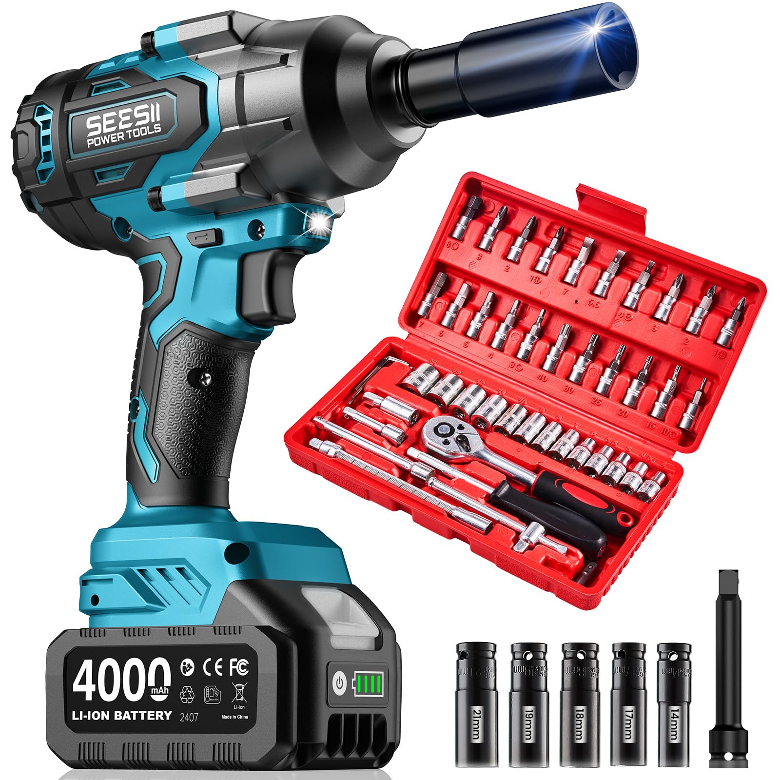 Seesii Impact Wrench & 46pcs Socket Wrench Set, 1000N.m (738 Ft-Lbs) Cordless Impact Driver, 1/2" Impact Gun With 21v 2x4.0Ah Battery, Auto/Motorcycle Tool Kit, Wh10 Ultra