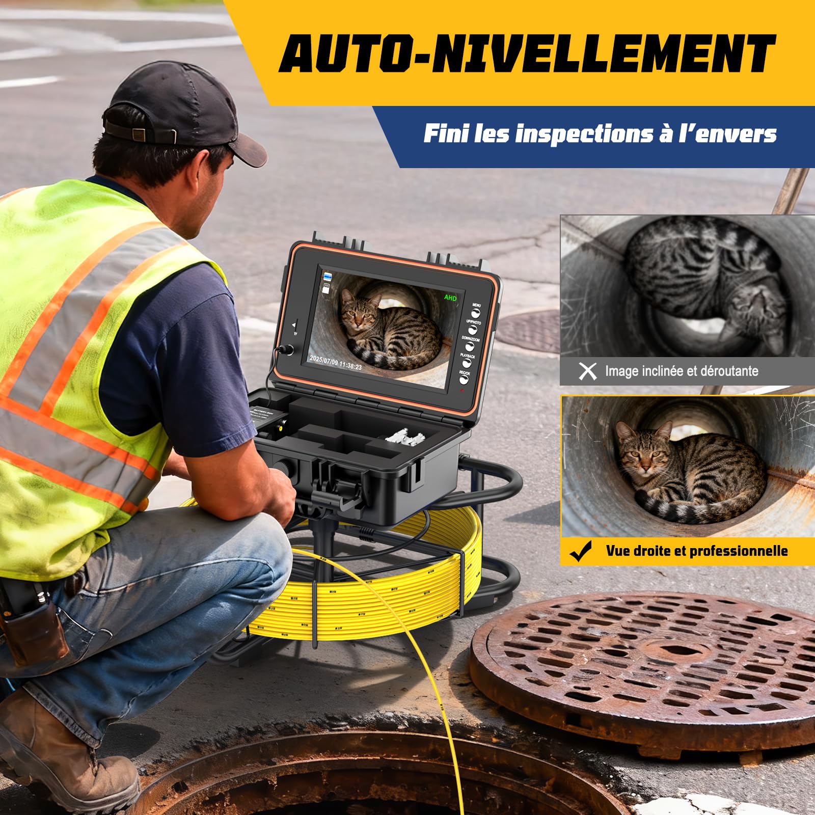 Caméra d’Inspection Canalisation, Auto-Nivelante Caméra 1080P et Émetteur 512Hz, Câble Renforcé 7MM avec Repères Métriques, Écran IPS HD 9 Pouces, DVR 32 Go, Batterie 5100 mAh, IP68 (30M)