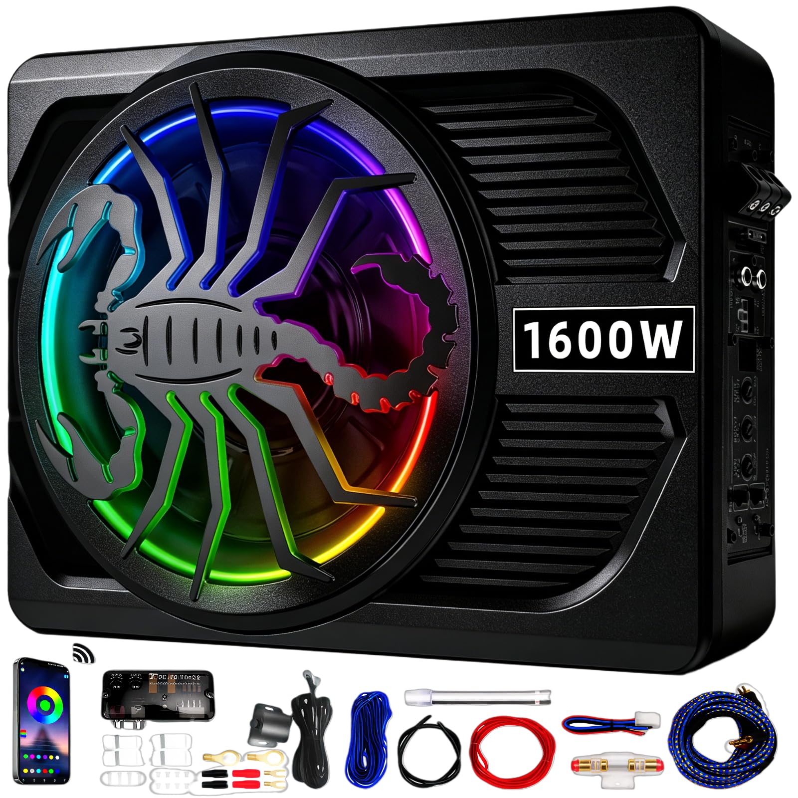 2026 Upgraded 1600W 10" Ultra-Slim Active Under Seat Car Subwoofer Built-in Amplifier &amp; LED Lights | Distortion-Free Bass | Low Pass Filter, Gain &amp; Bass Boost Control