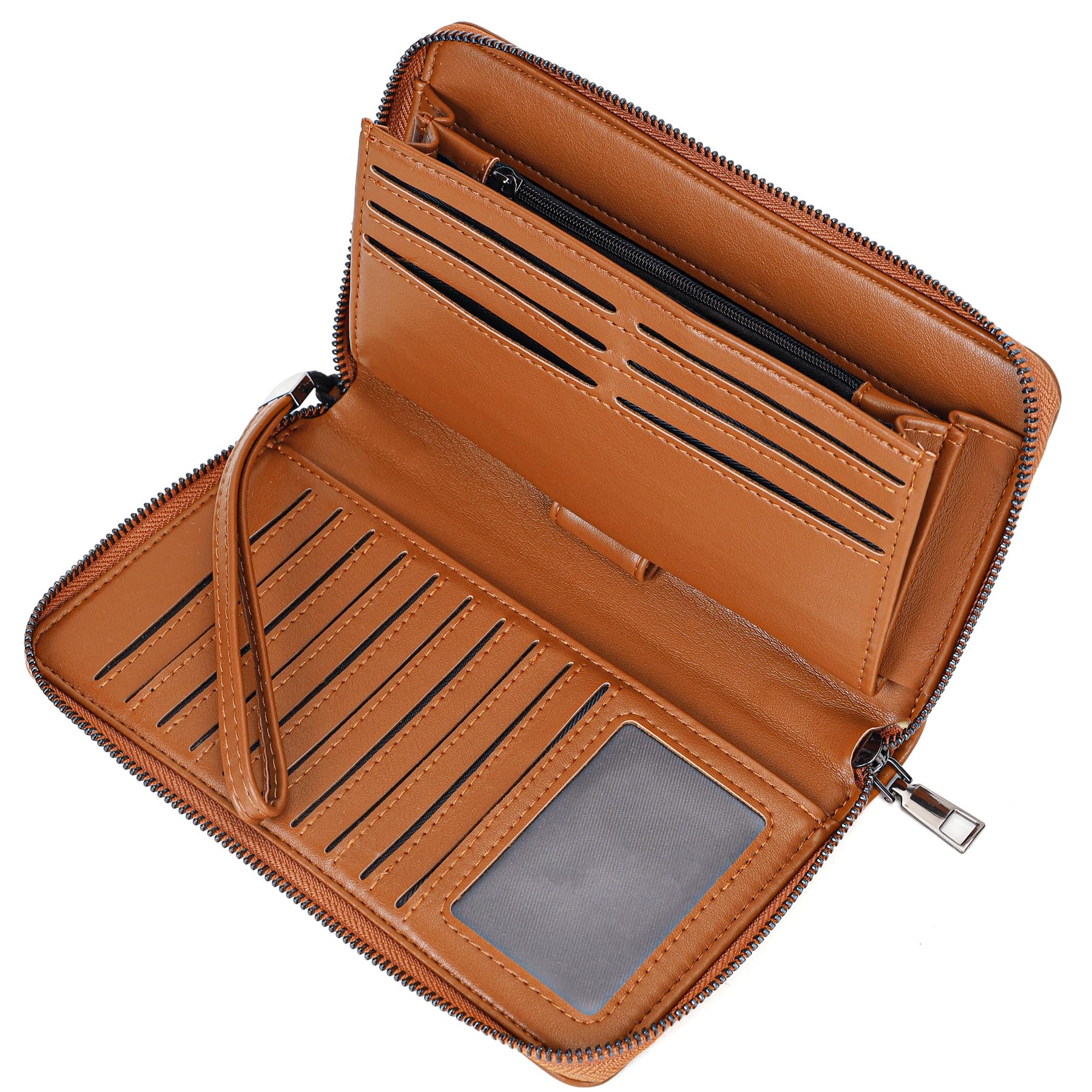JOLOVELE Wallet For Women Vegan Leather Zip Around Phone Clutch Large Capacity Ladies Long Purse Credit Card Travel Wristlet Brown