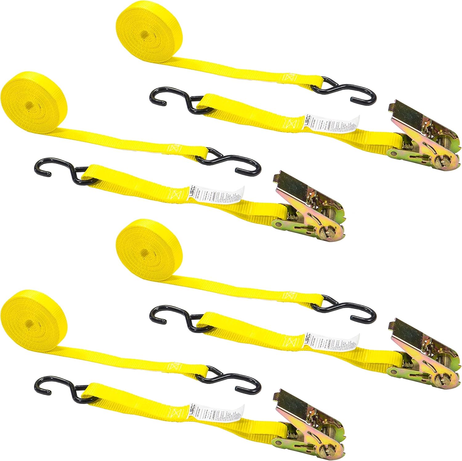 Ratchet Straps 1"x20 Ft 4-Pack – Yellow S Hook Tie Downs