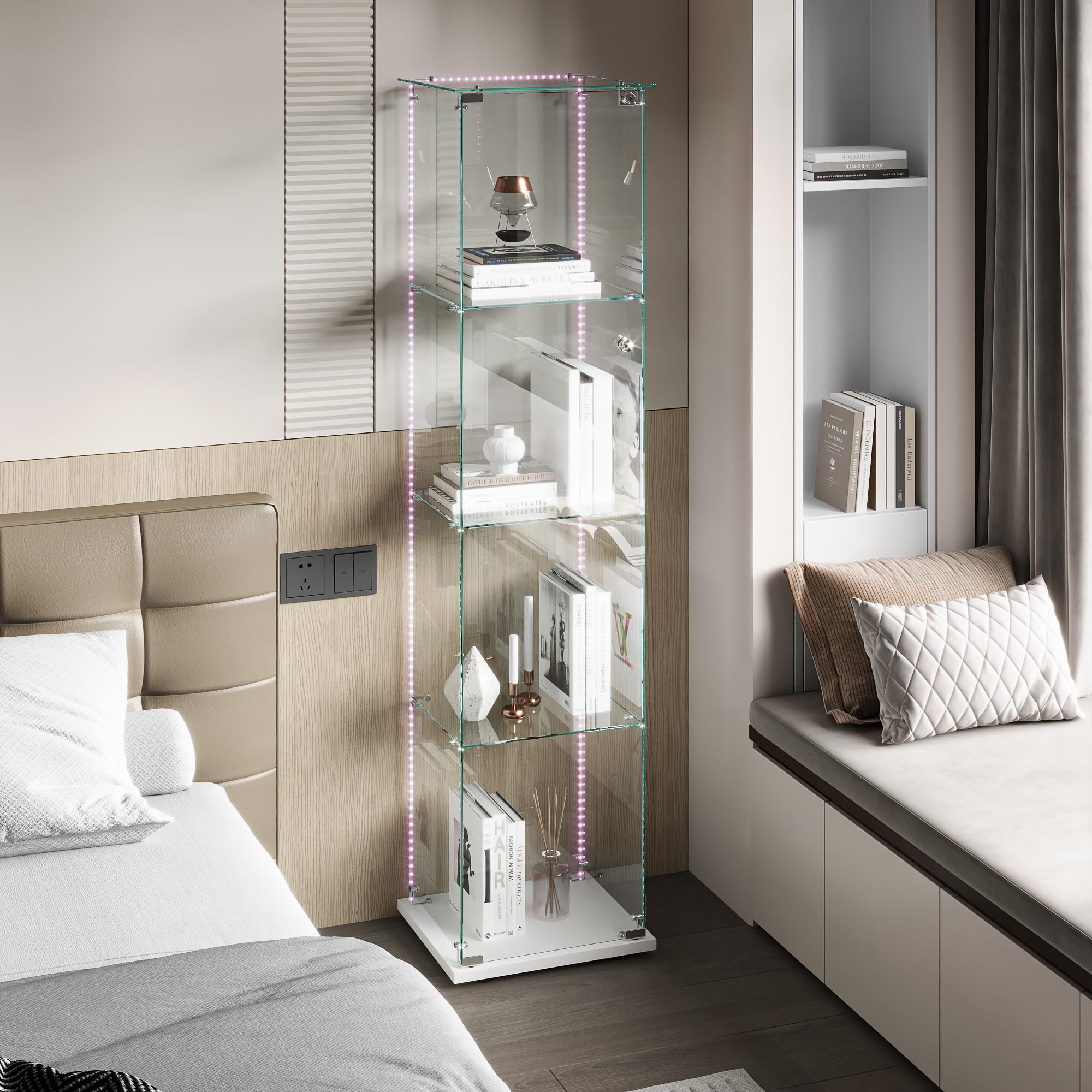 BRILVERDE Vitrina de Vidrio LED, Mueble Expositor con 4 Estantes y Puerta con Cerradura, Vetrinetta para Colecciones, Libros, Maquetas, Botellas, Salón y Oficina (Blanco, 1 Puerta 4 Capas)