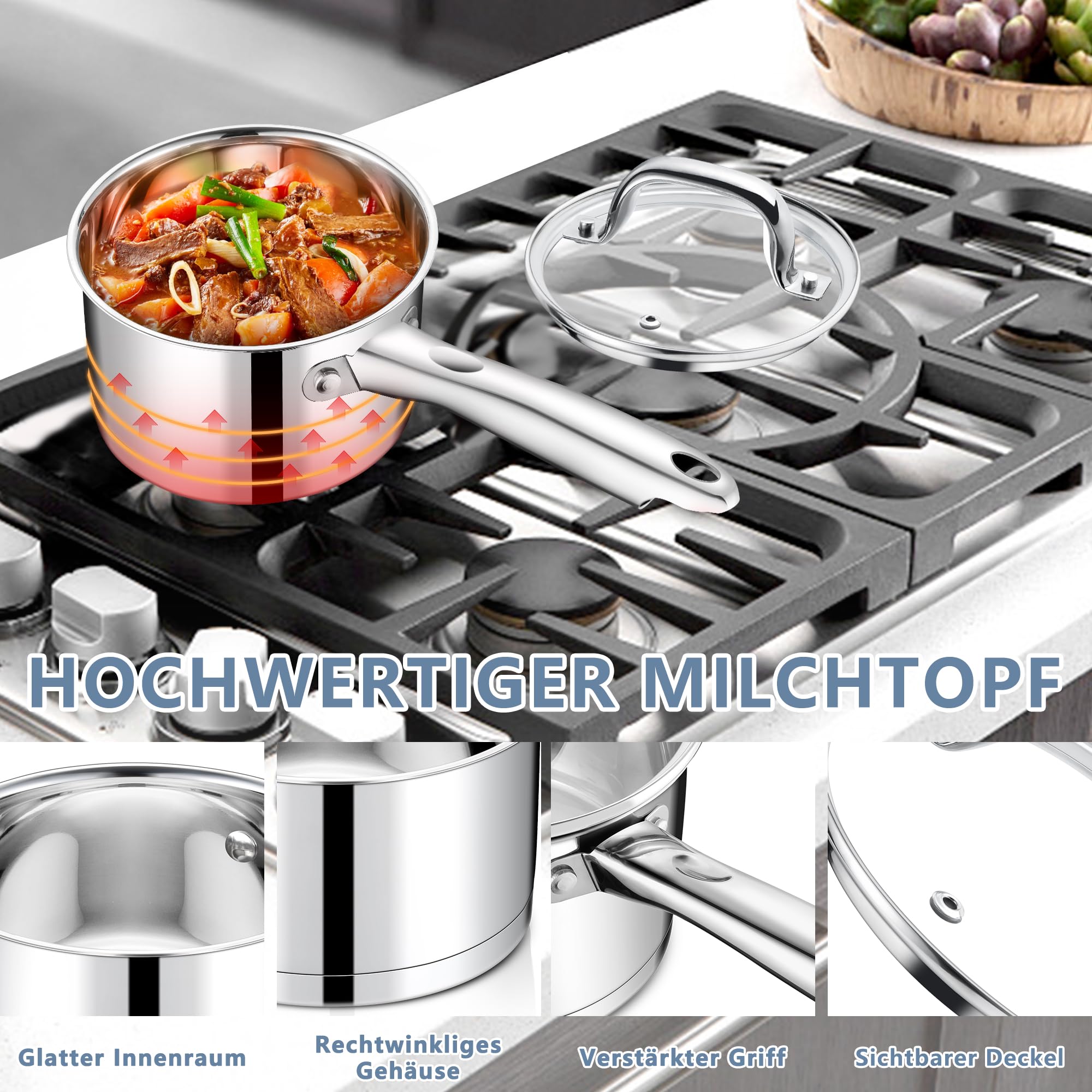 Joyfair Casseruola a 3 strati, 16 cm, con coperchio in vetro, 1,9 litri, in acciaio inox, piccola pentola per cucinare/riscaldare/bollire, pentola a induzione per tutti i piani cottura, lavabile in