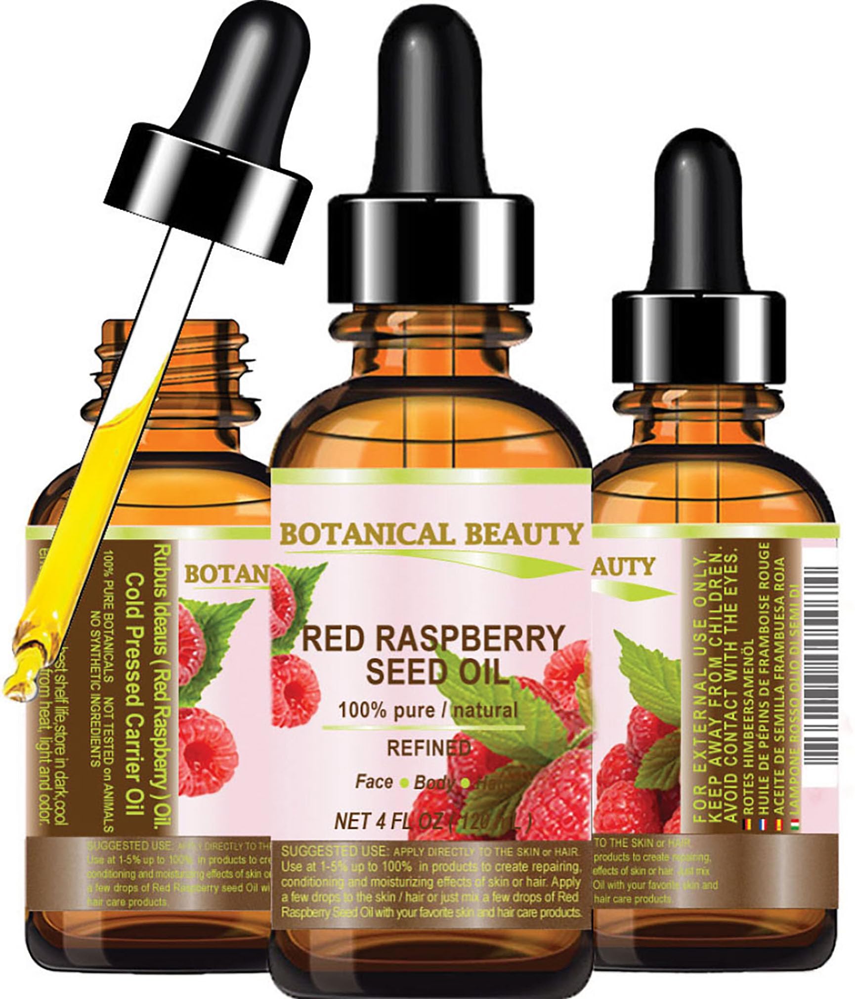 Red Raspberry Seed Oil 100% Pure Natural Undiluted Refined Cold Pressed Carrier Oil 4 Fl.oz.- 120 ml. for Face, Skin, Hair, Lips, Nails. Rich in Vitamin C, Vitamin E by Botanical Beauty