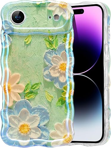 Miniatura 97 de EYZUTAK - Funda protectora de TPU para iPhone 12 Pro, estilo retro colorido, diseño láser brillante de pintura al óleo, estampado floral, borde Azul