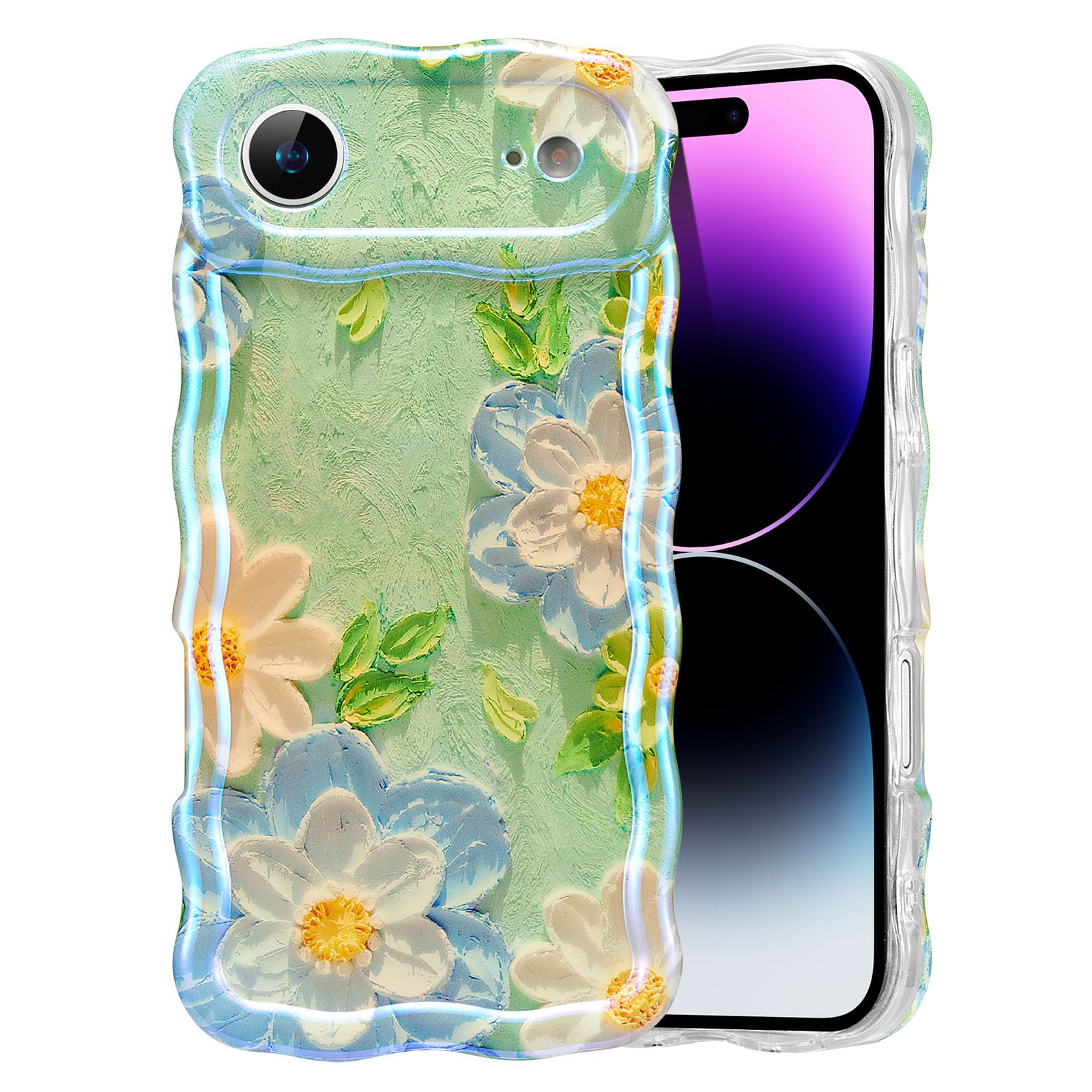 EYZUTAK Case for iPhone 15, Colorful Retro Oil Painting Flower Laser Beam Glossy Pattern Cute Curly Waves Border Exquisite Phone Cover Stylish Durable Soft TPU Protective Case for Girls Women - Green — view 95