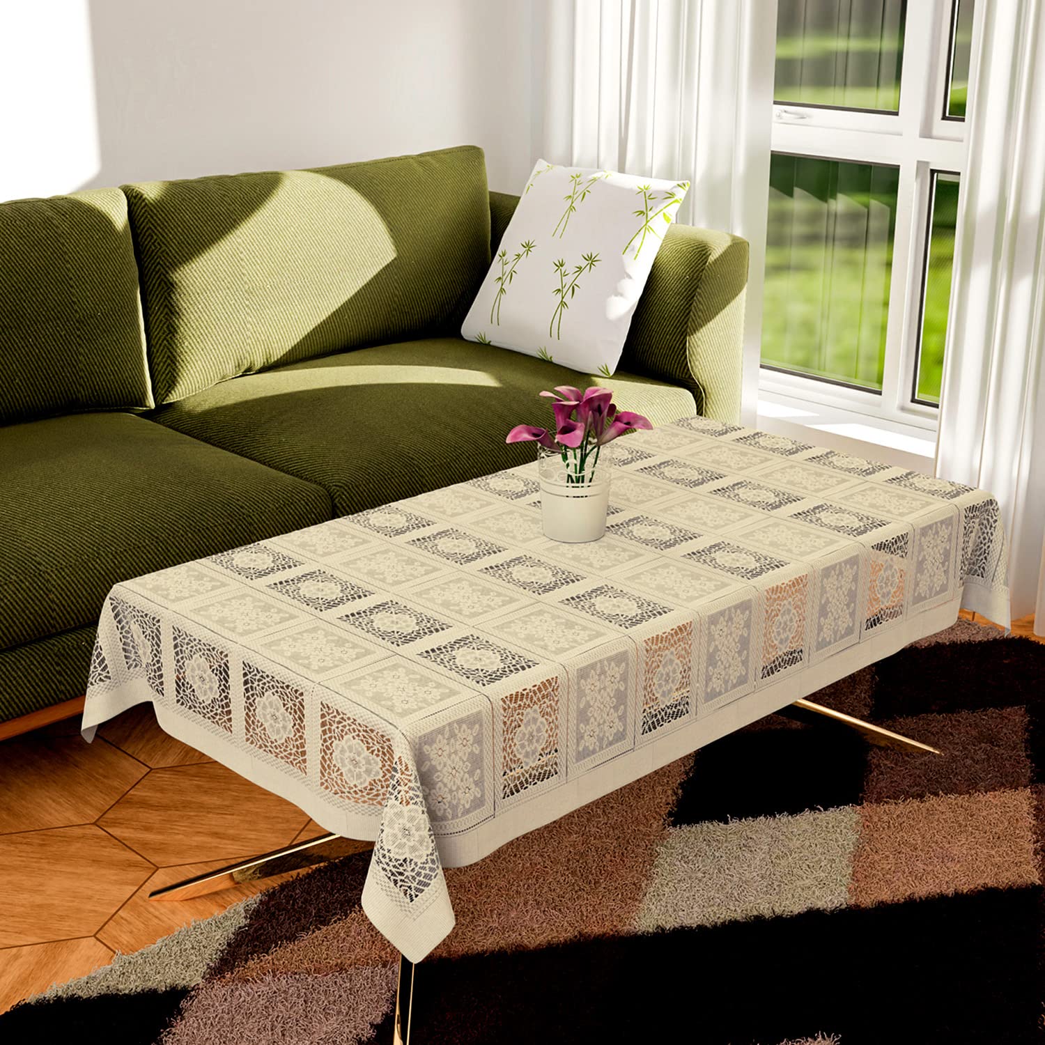 Kuber Industries Center Table Cover | Cotton Net Square Flower Pattern Table Cover | Luxurious Net Tablecloth | Tea Table Cover for Living room | 40x60 Inch | Cream-image-23