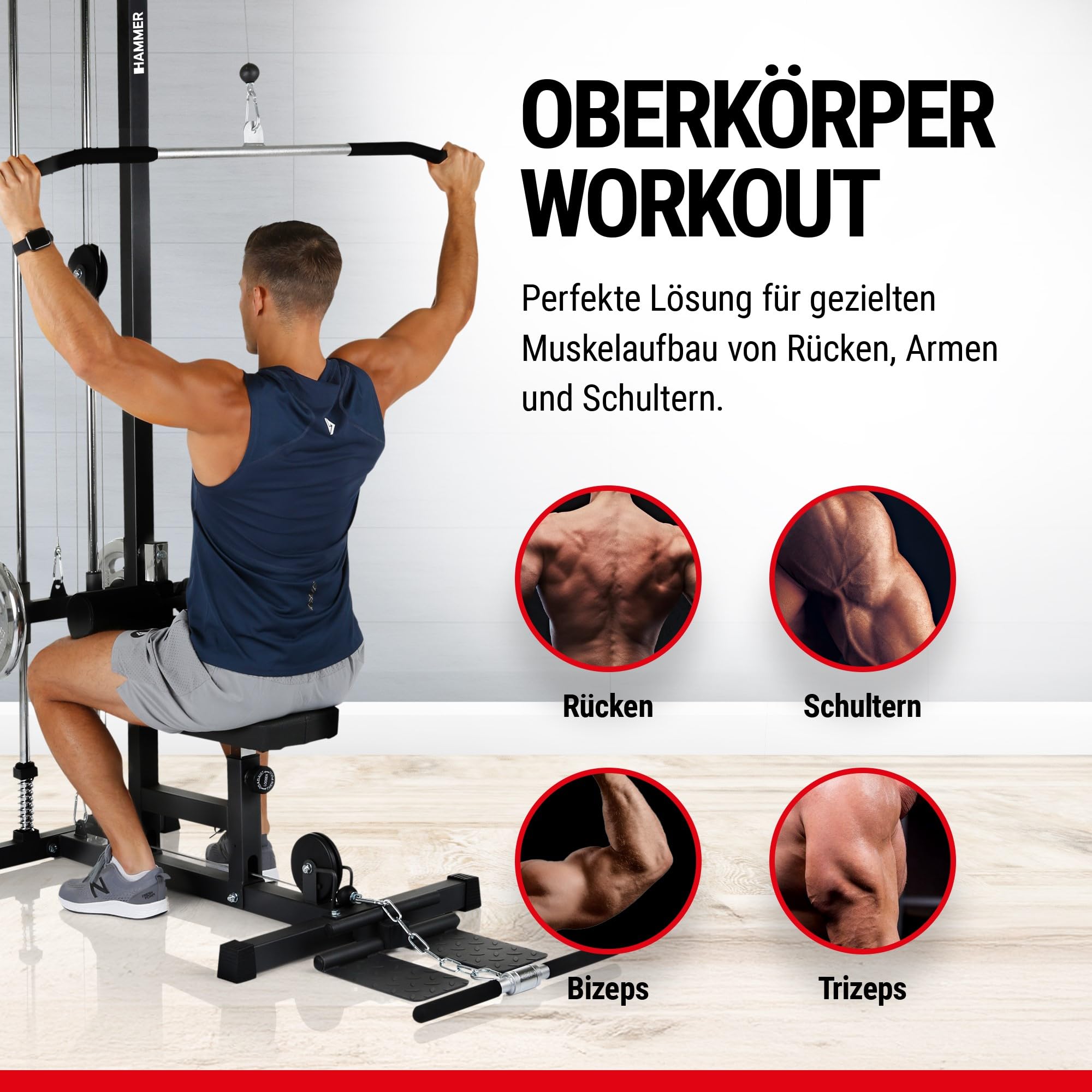 HAMMER Finnlo Latzug-Station Multi-Lat-Tower - Übungen für Rücken Arme Schultern Bauch, 120 kg belastbare Gewichtsauflage, Kraftstation 141x120x210cm