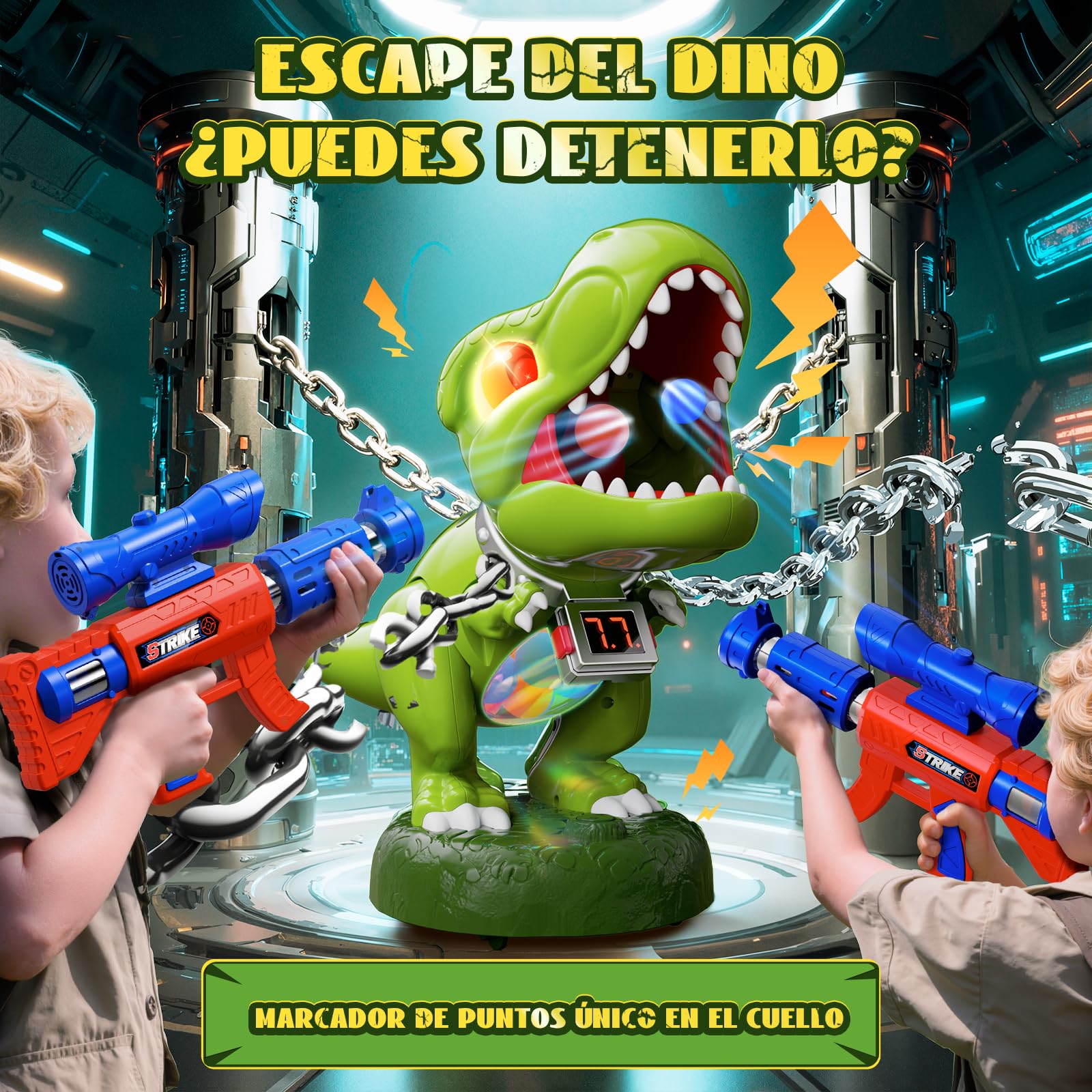 Dinosaurio Movimiento Juguetes de Tiro, Juegos Niños 3-10 Años, 2 Pistolas de Bomba de Aire con Scope, Bola, Rugido, Brillo Abdominal Ojos, LED Contador, Cumpleaños Regalo Niños 3 4 5 6 7 8 9 10 Años