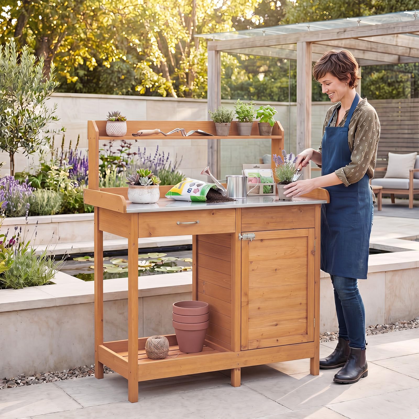 RELAX4LIFE Table de Rempotage en Bois 125CM, Table de Jardinage (Naturel) | avec Plateau Ouvrable en Métal, Étagères Tirroir Armoire Ouverte 3 Crochets, Plan de Travail pour Terrasse Jardin Porche