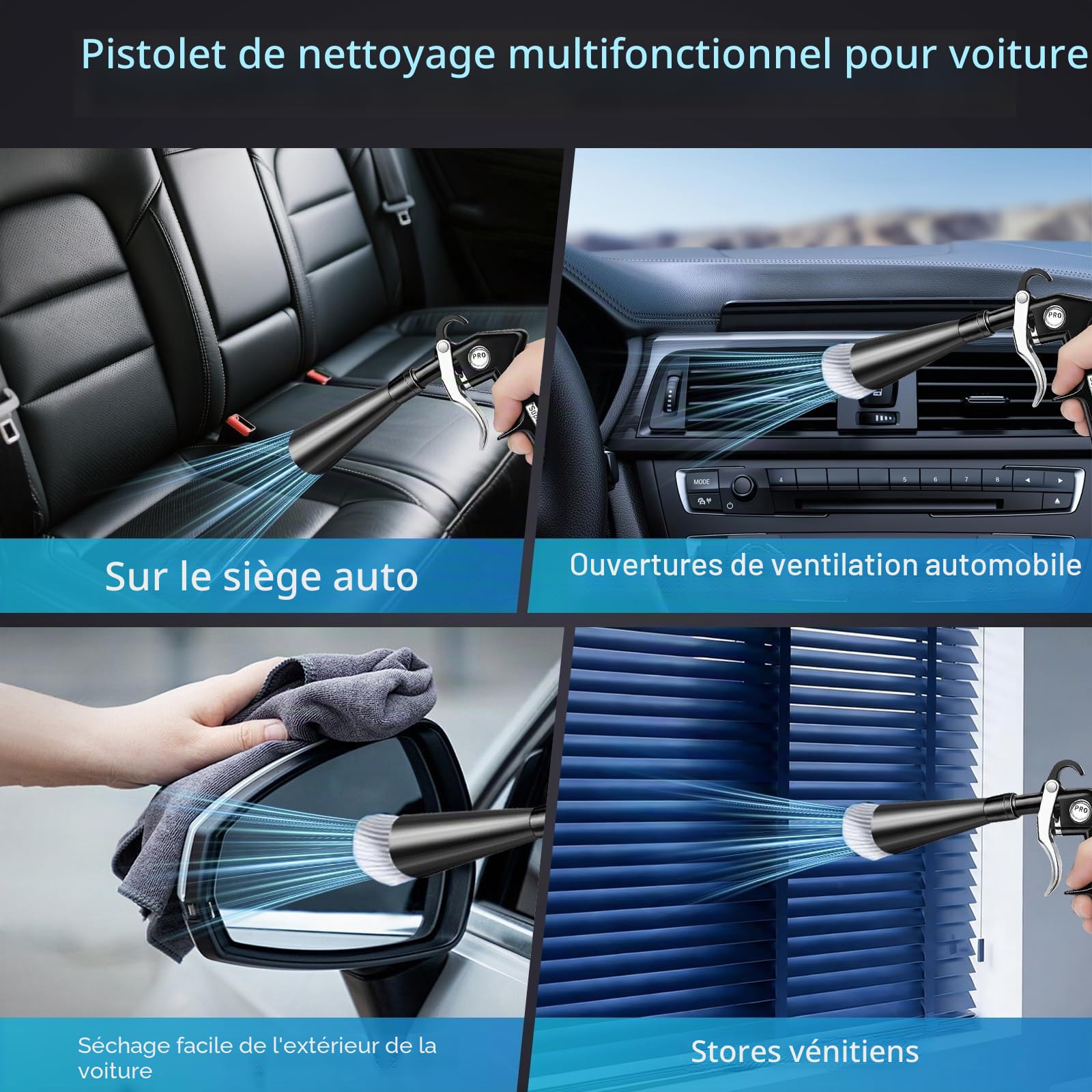 Pistolet de Nettoyage à Air Comprimé pour Auto - Souffleur Haute Pression avec 2 Buses pour Sécher et Nettoyer - Pour Sièges, Moteur, Jantes et Habitacle - Élimination Rapide de Saleté et Poussière