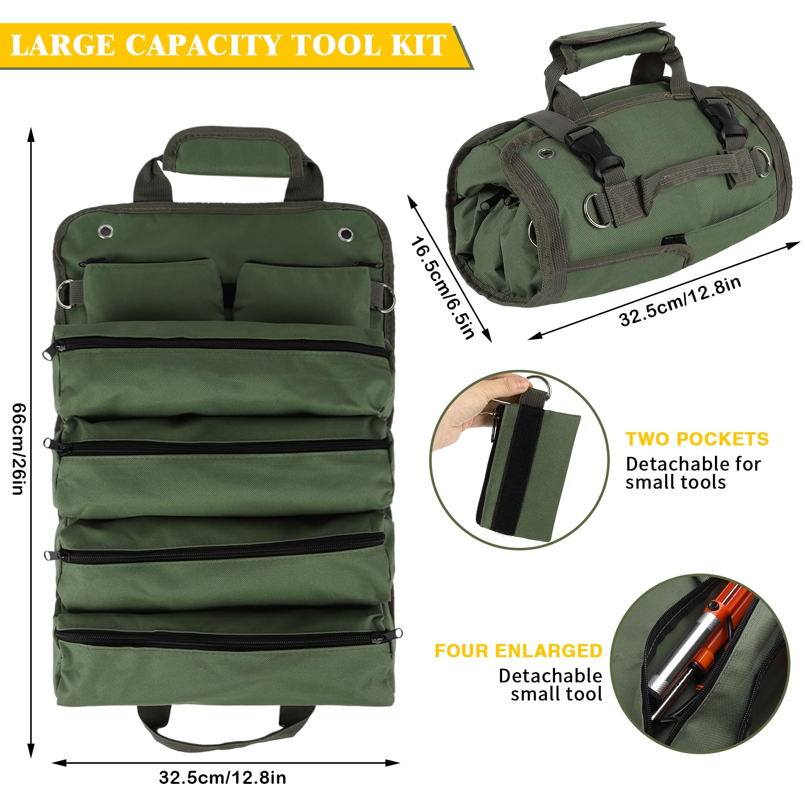 Tool Organizer Bag, Foldable Roll Up Heavy Duty Bag Organizer, with 2 Detachable Pouches, Mechanic Carrying Toolbag, Gifts for Dad Men Birthday Father Day - Image 2