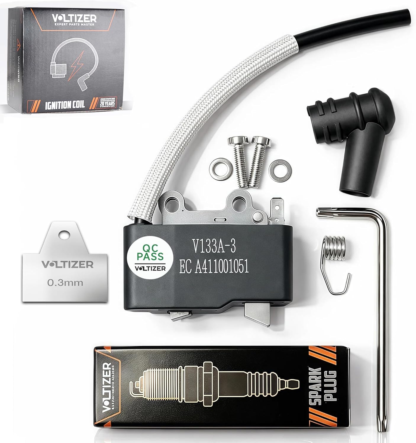 Ignition Coil A411001051, Replaces P021036741, Fits Echo CS-490 CS-500P & Shindaiwa 446S 502S Chainsaws, Includes Spark Plug, Spark Plug Boot & Tools, Engine Tested and Manufactured by VOLTIZER