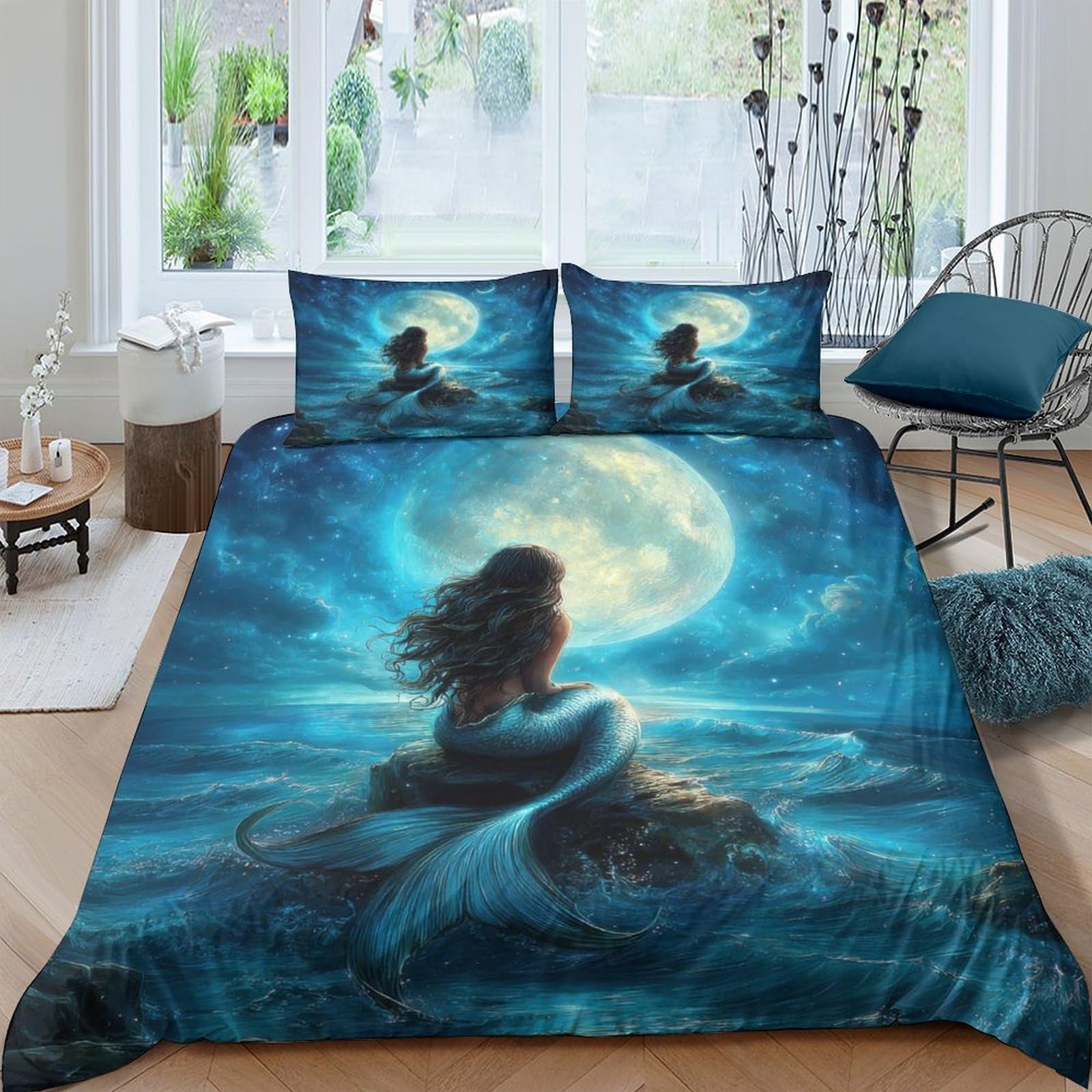 Ctjqhvkz Style-2 3D Printed Moon Mermaid Fitted Sheet Microfiber Blue Artistic Ocean Mattress Cover For Bedroom Guest Room Decor Single（135X200cm）