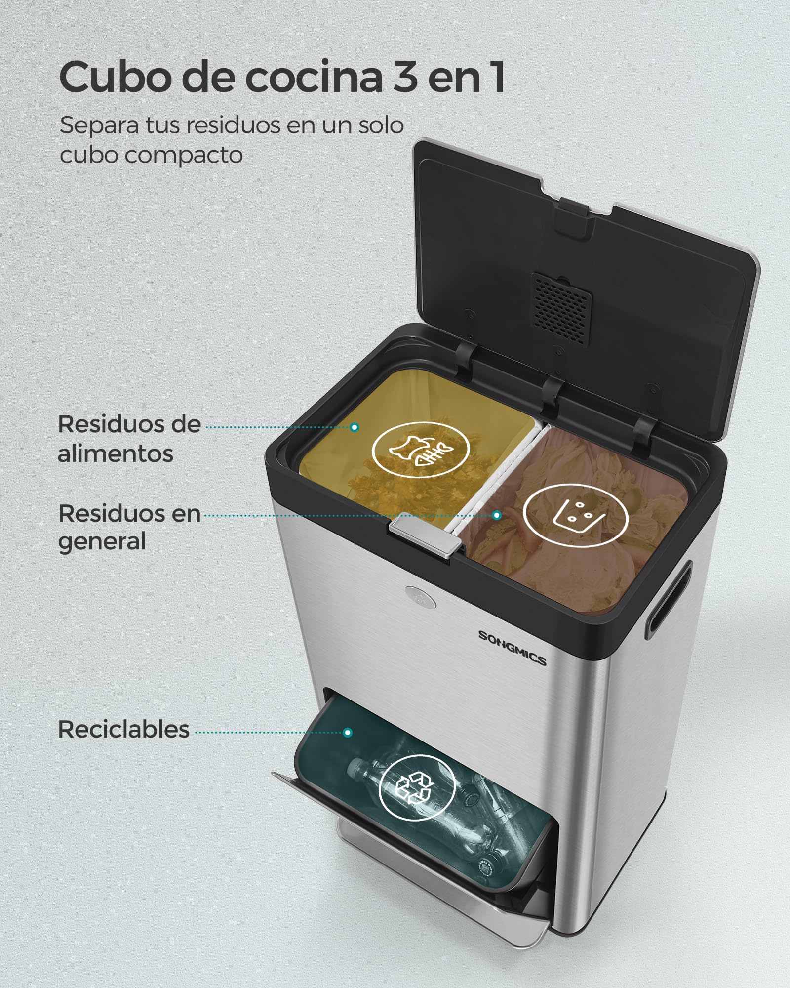 SONGMICS Papelera de Cocina, Cubo de Basura, Volumen de 2 x 17 L y 26 L, 3 Compartimentos para Basura General, Restos de Comida y Reciclaje, Filtro de Carbón, Pedal Ancho, Plata LTB550E60