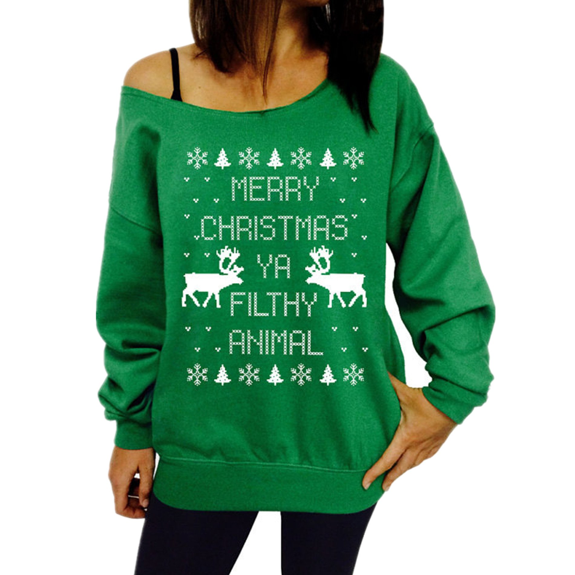Womens Thin Long Sleeve Off-Shoulder Ugly Christmas Sweater Girls Print Reindeer Xmas Pullovers Blouses L Green