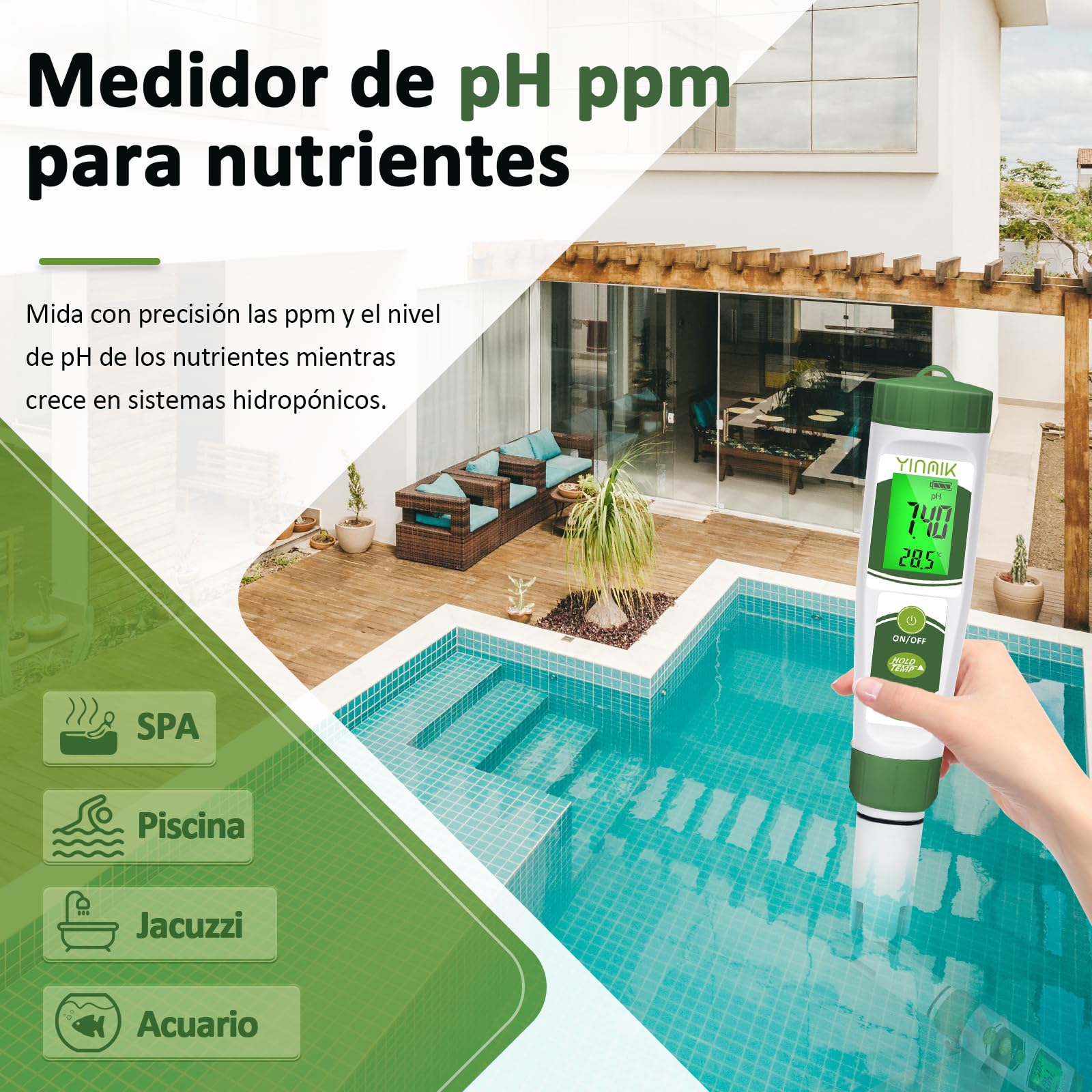 Medidor de pH, Medidor EC para Cultivo y Hidroponía, YINMIK Medidor de TDS para Nutrientes, Medir pH PPM Conductividad de Hidropónico, Medidor de pH TDS EC Temperatura para Agua, Acuario, Piscina