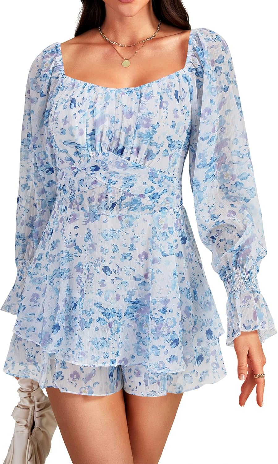 LYANER Women's Floral Print Off Shoulder Long Sleeve Ruffle Hem Romper Short Jumpsuit - Image 4