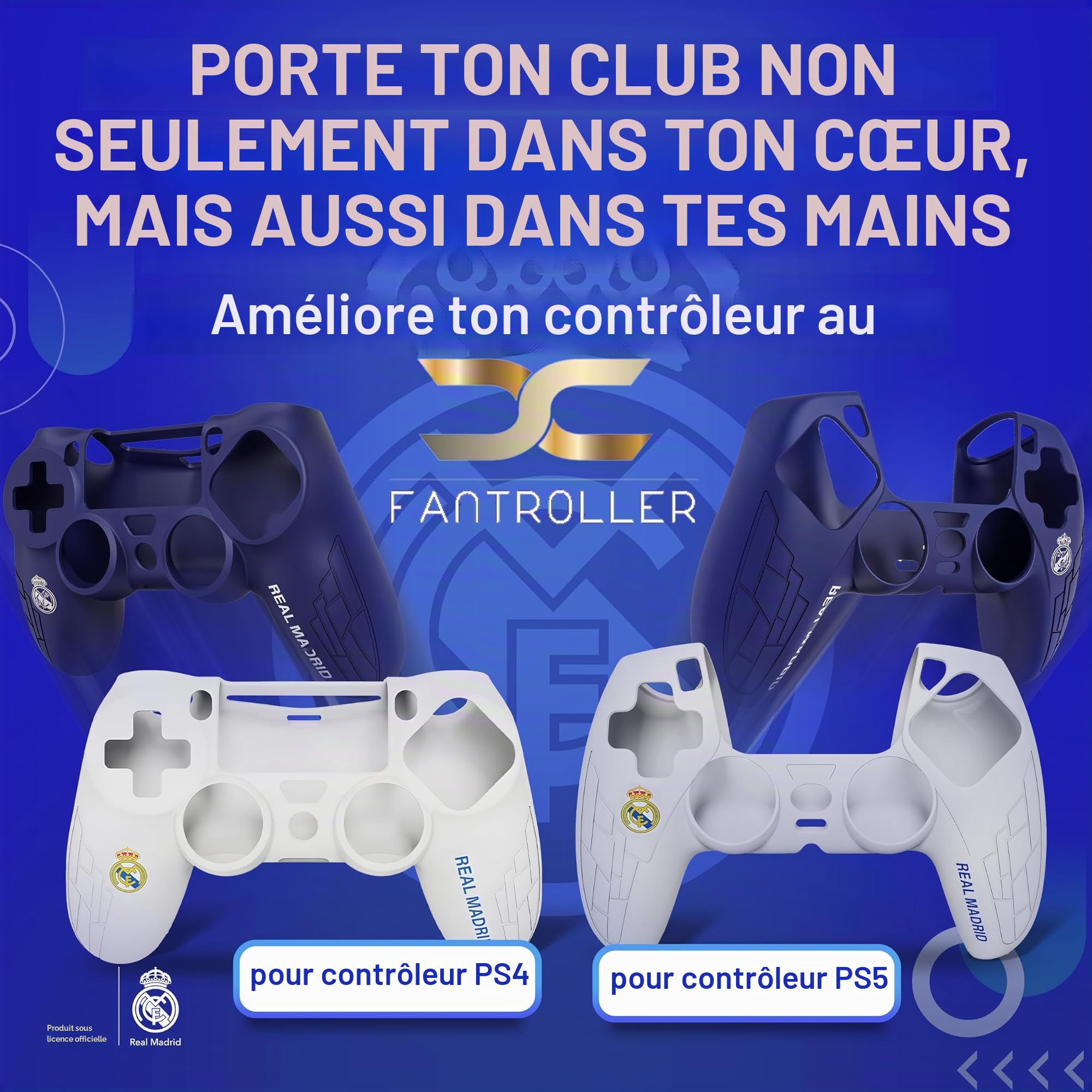 Étui de protection pour manette PS5 au design officiel du Real Madrid pour une protection et une adhérence maximales - Disponible en bleu et blanc