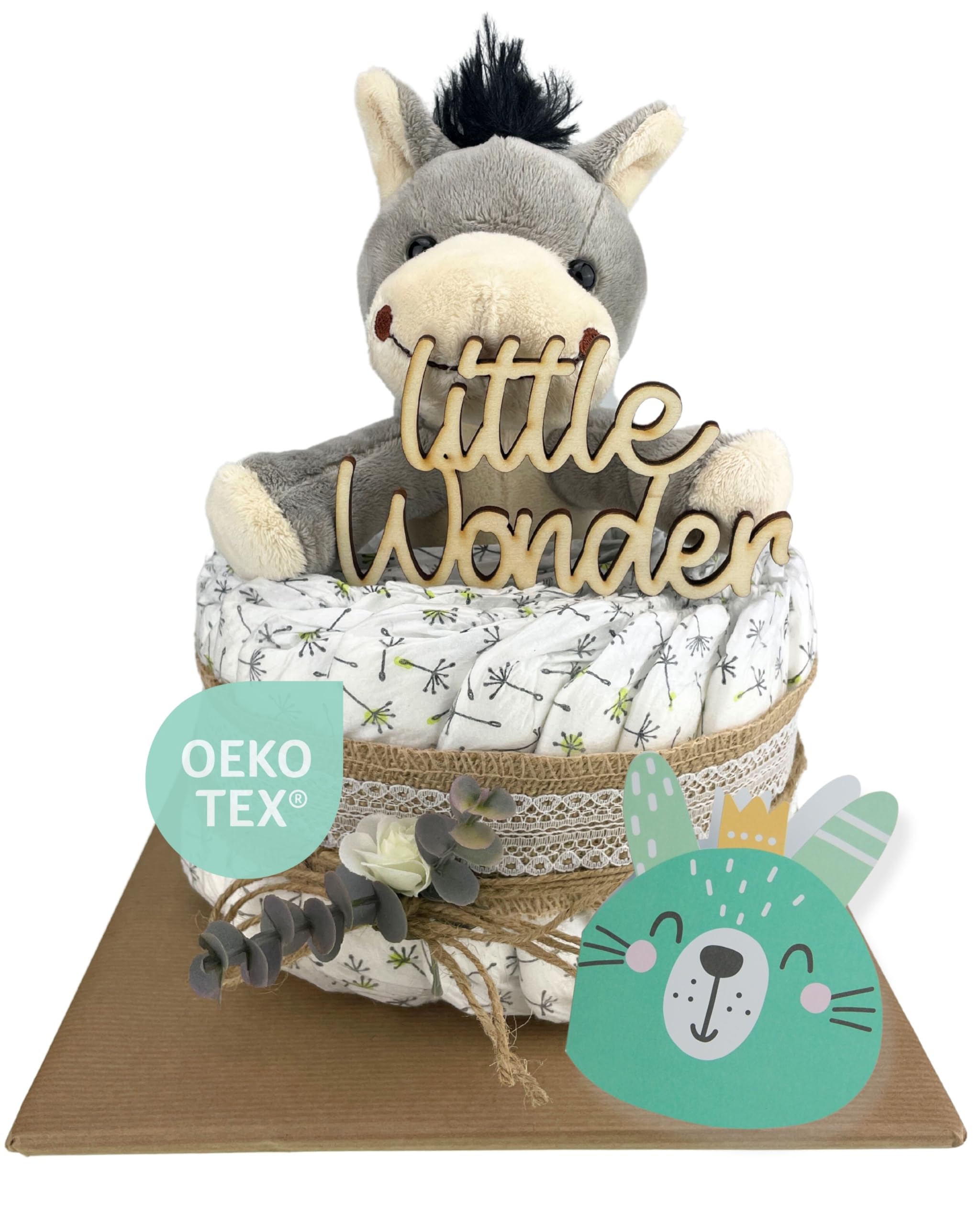 Vintage Torte [JUTE & HOLZ] - Jungen & Mädchen - Neutral Unisex - Geschenk zur Geburt - Baby Party - Babyshower - Pullerparty - Caketopper (Boho - Vintage - LITTLE WONDER - 1-stöckig)