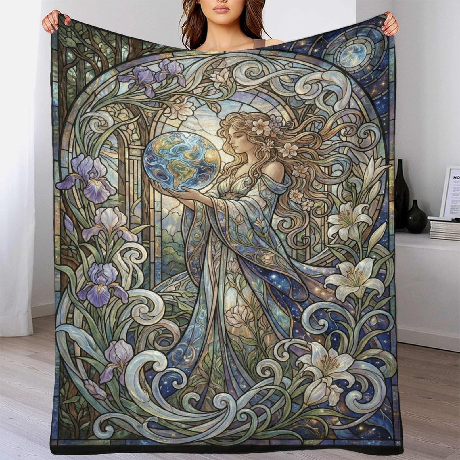 W7C8U2X3 Art Nouveau Mucha Goddess Flannel Throw Blanket, Reading Couch Use