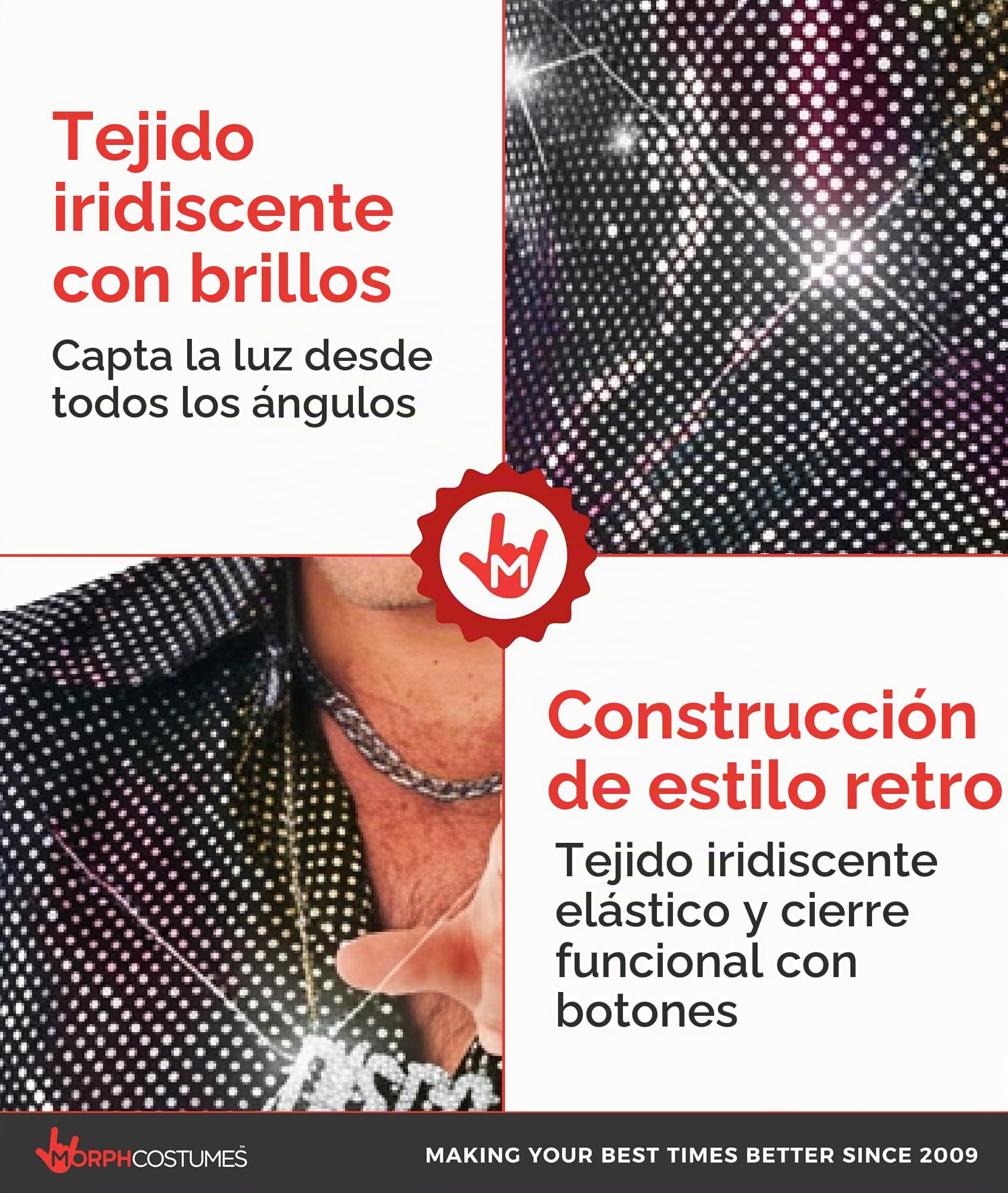 Morph Camisa Disco Brillante Plateada Hombre Carnaval Estampado Lunares Iridiscentes Cuello Solapa Setenta