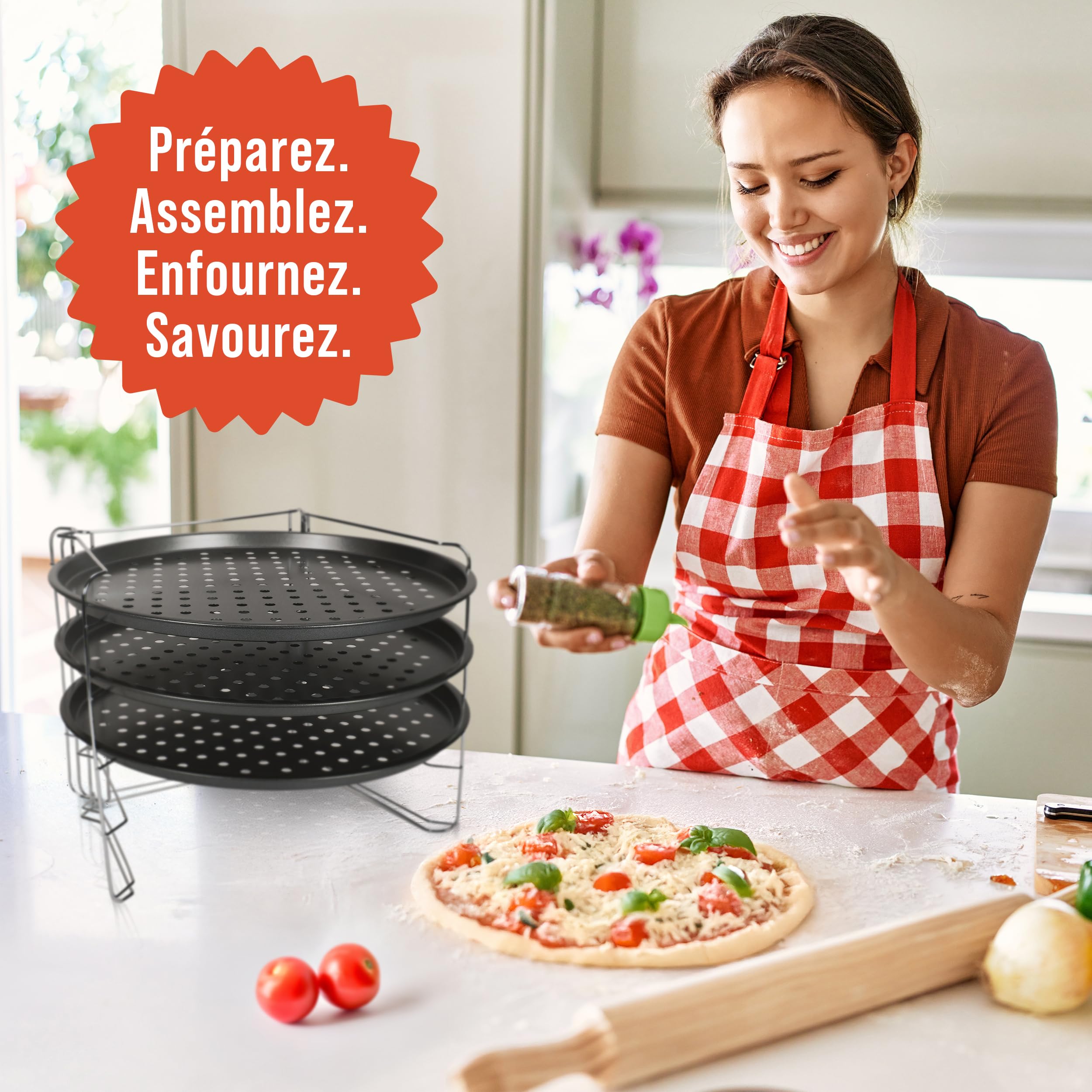 Chef Pomodoro Plaques à Pizza Antiadhésifs - Ensemble De Cuisson à Pizza Avec 3 Poêlles à Pizza Et 1 Grille de Support Pizza Four - Assiette Pizza Inox Pour Four, Grill, Barbecue (33 cm)